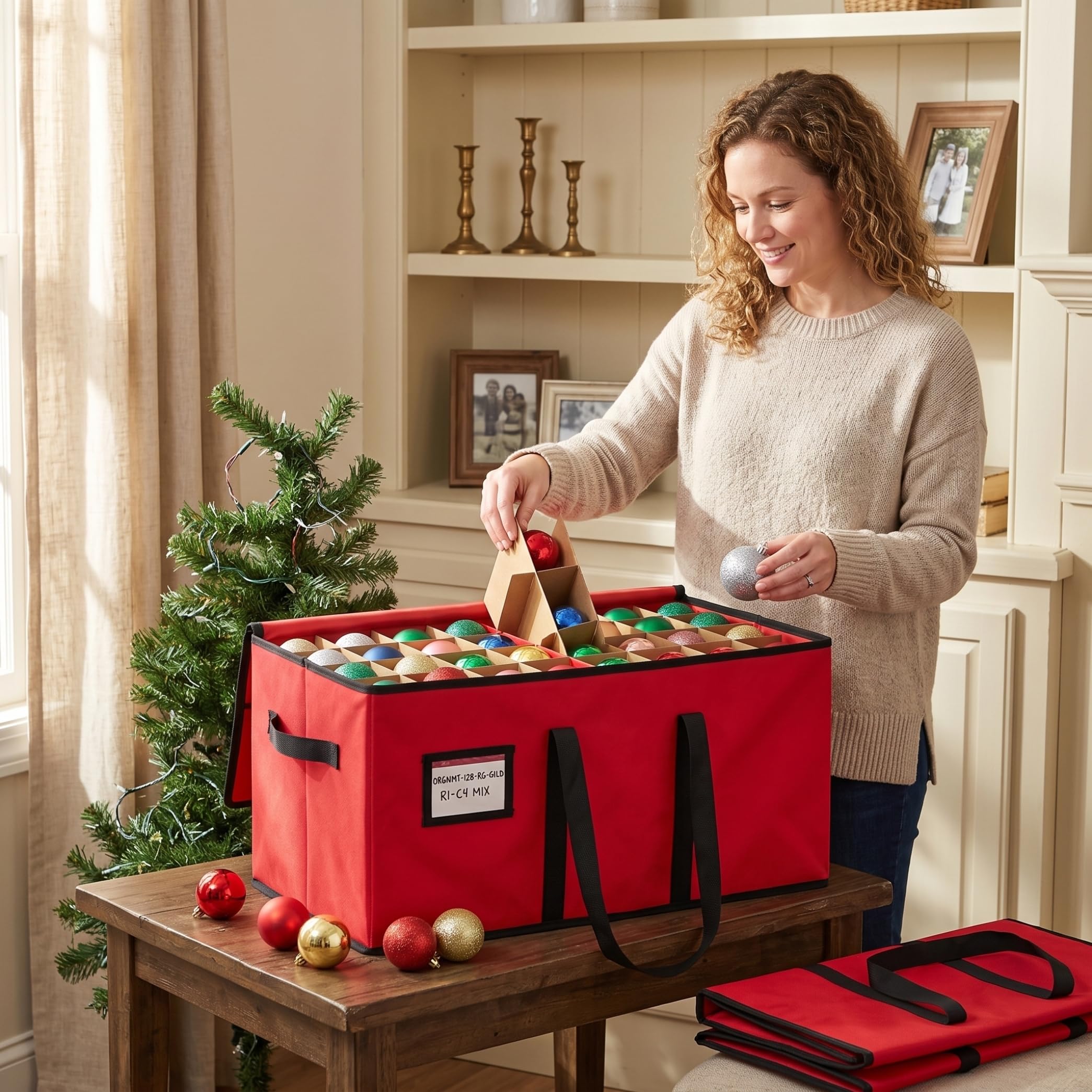 Organizador de adornos navideños con 128 compartimentos y asa, color rojo