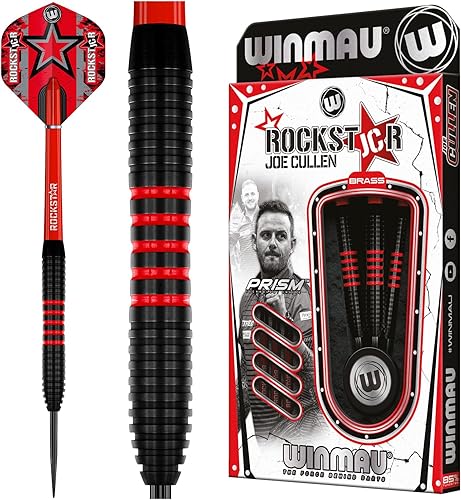 Winmau Joe Cullen The Rockstar - Juego de dardos profesionales de latón de 0.71 oz con vuelos y tallos (ejes)