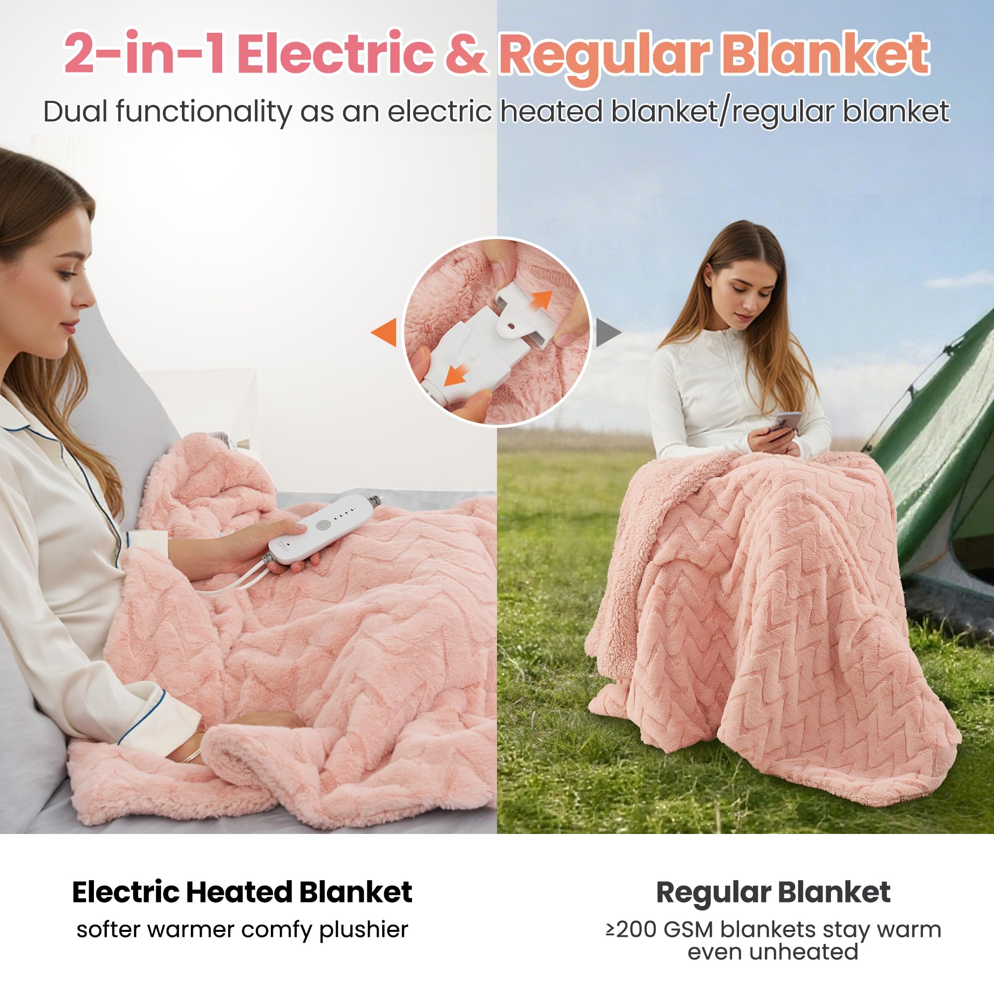Coperta Elettrica Riscaldante 130x180 cm, Morbida Peluche di Coniglio e Sherpa, 4 Livelli di Temperatura e Spegnimento Automatico 10H, Lavabile in Lavatrice, per Divano Letto Ufficio (Rosa)