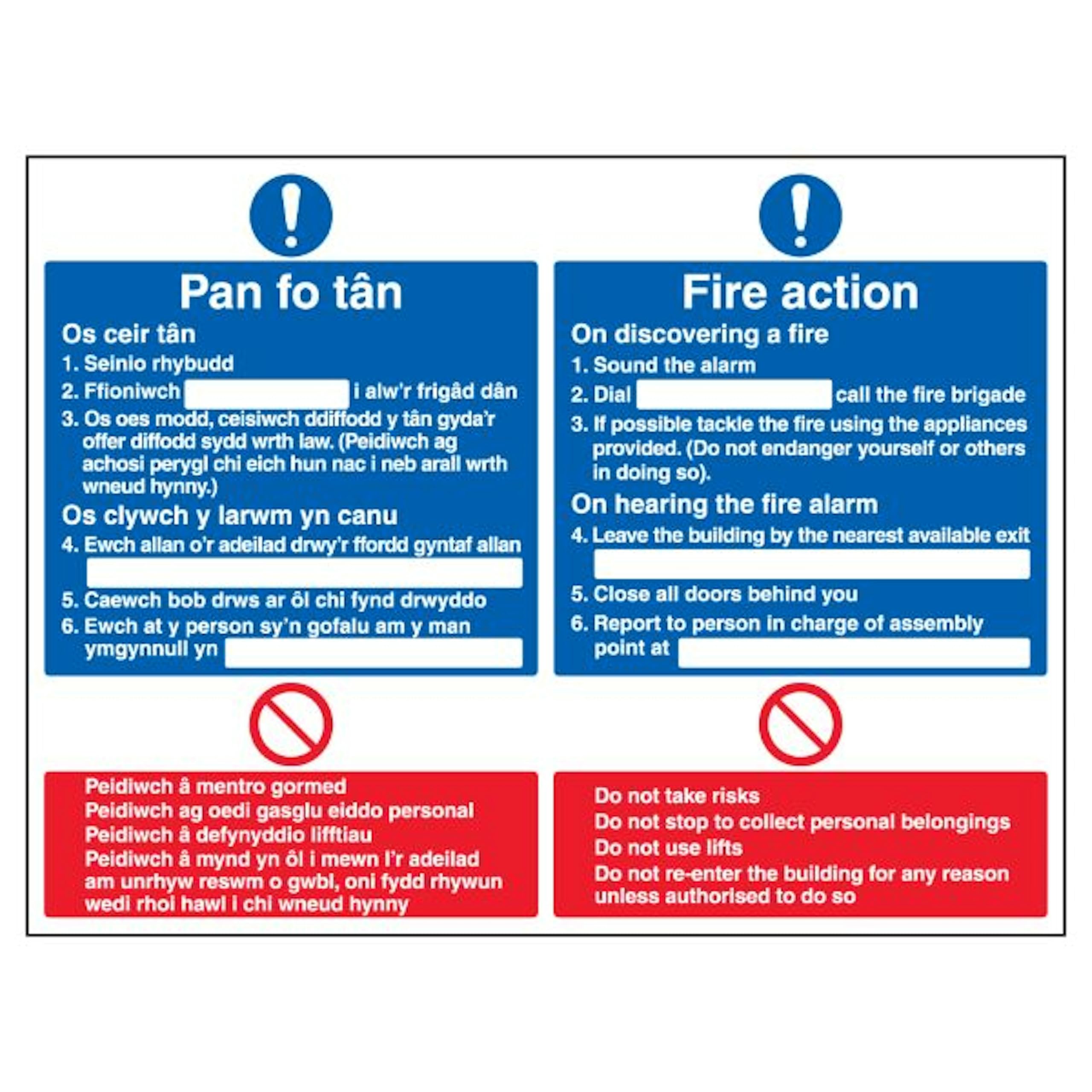 V Safety Welsh/English - Fire Action - On Discovering A Fire 600 x 450 mm - 3mm Aluminium Composite Safety Sign