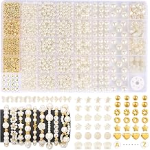 1860 Pcs white ABS pearl bead bracelet making kit, 5 size round pearls gold spacer letter star heart bow beads, elastic cord for necklace earring keychain DIY jewelry craft