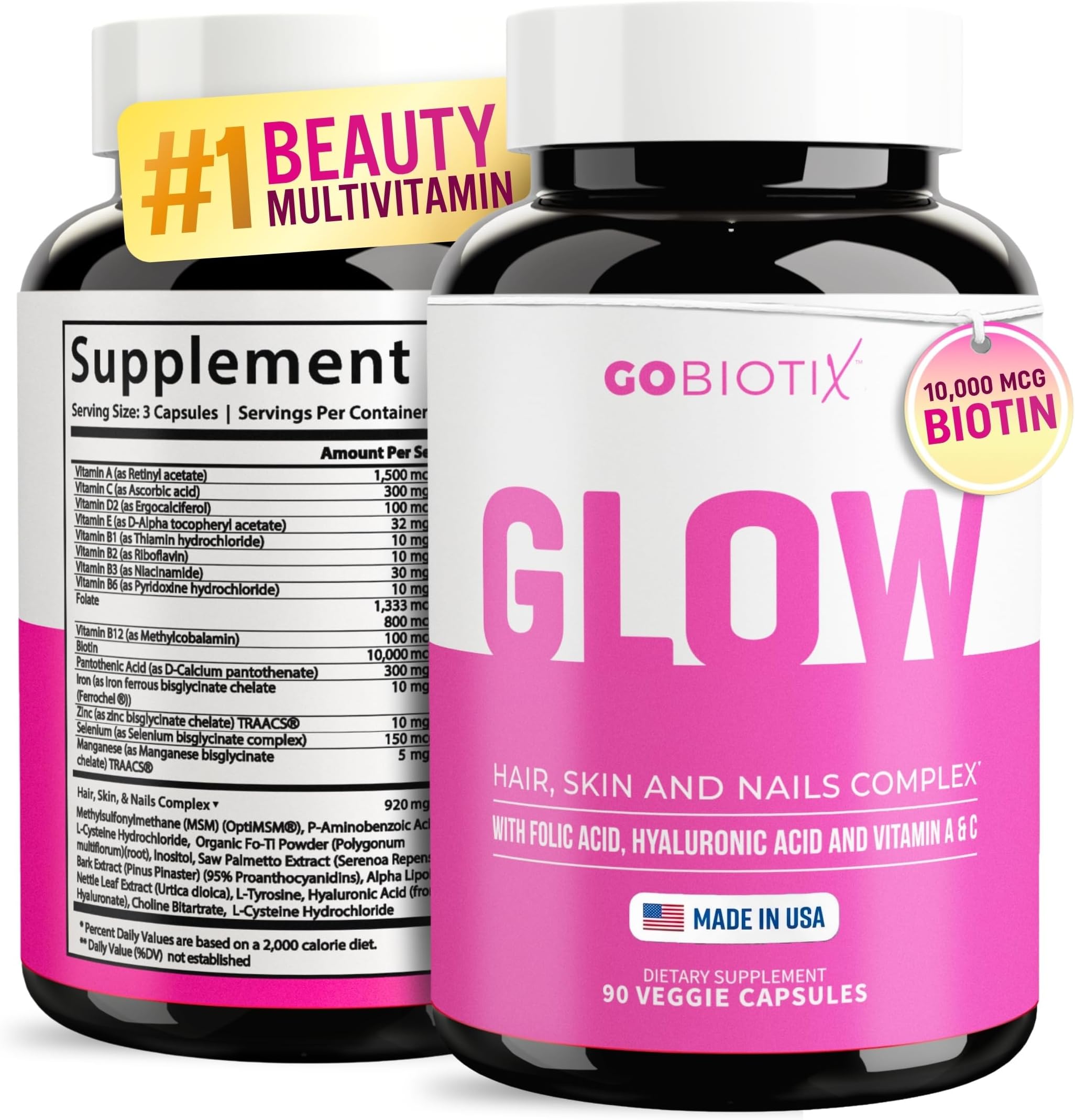 Hair Skin and Nails Multivitamin for Women - 10,000mcg Biotin, Hyaluronic Acid & MSM - 28 Vitamins with Folate & Iron - Hair Growth, Nail Growth - 90 Capsules