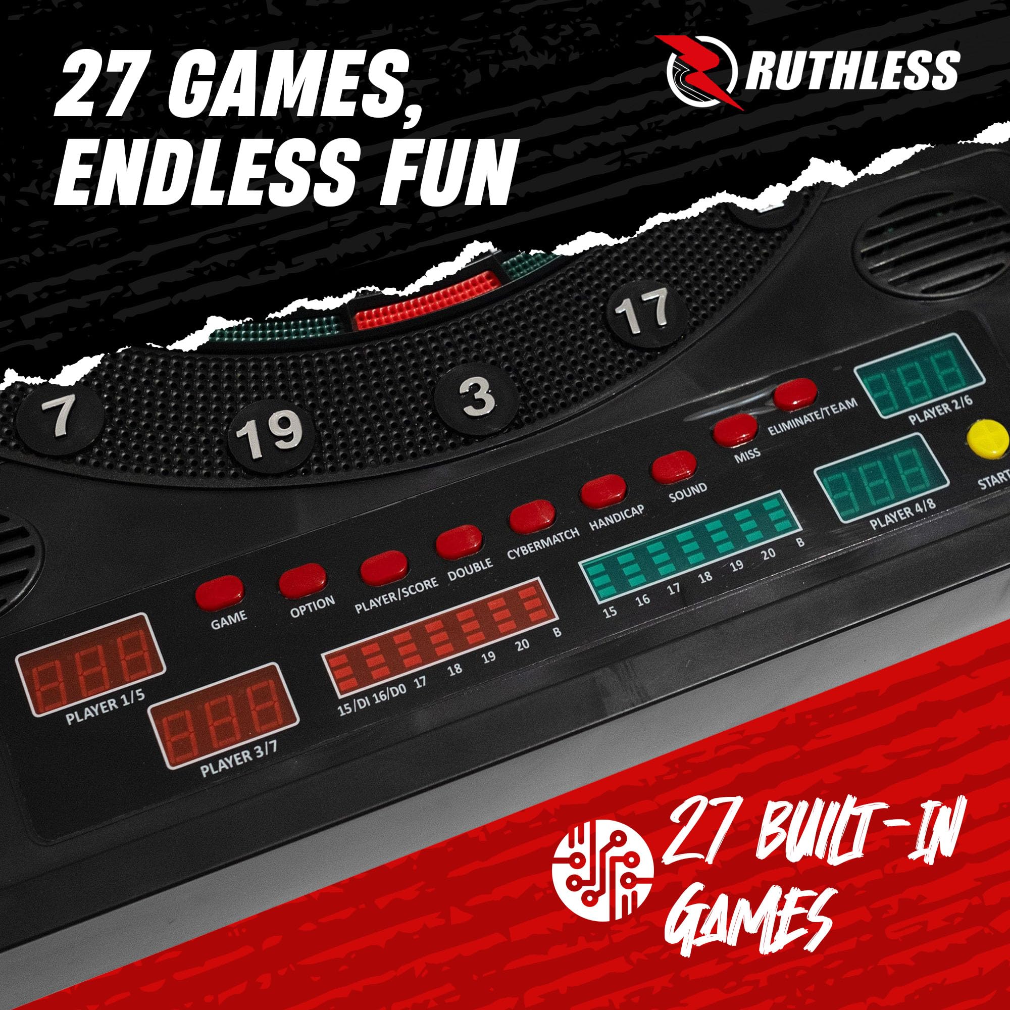 Ruthless - Ruthless R500 Elektronische Dartscheibe im Gehäuse - Softspitze - inkl. 4 Sätze Dartpfeile - 8 Spieler - 27 Spiele