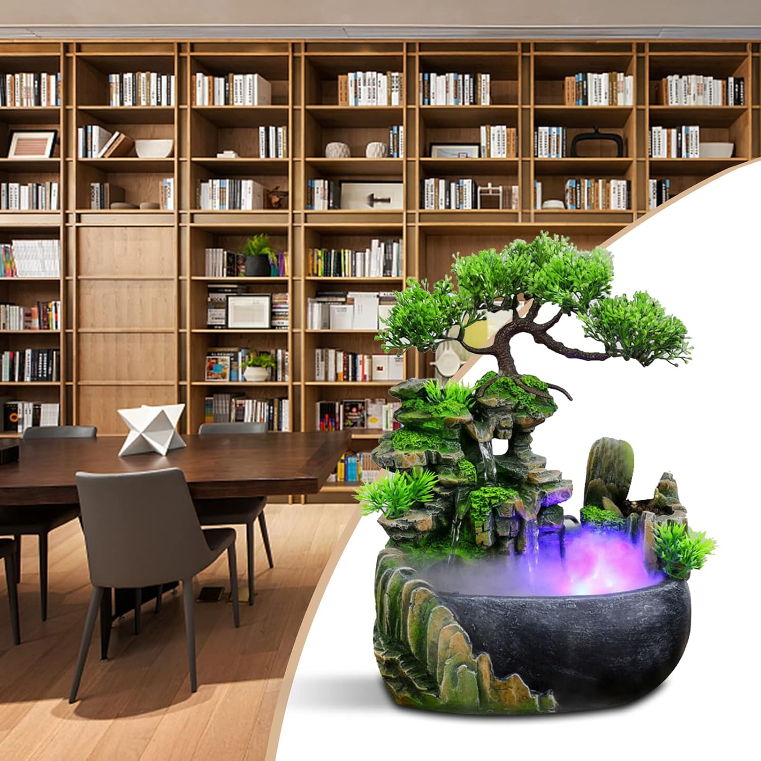 Water Fountain Rockery Waterfall Desktop Decor Mini Rockery FengShui Desktop Fountain Waterfall Ornament with LED for Home Office Bedroom