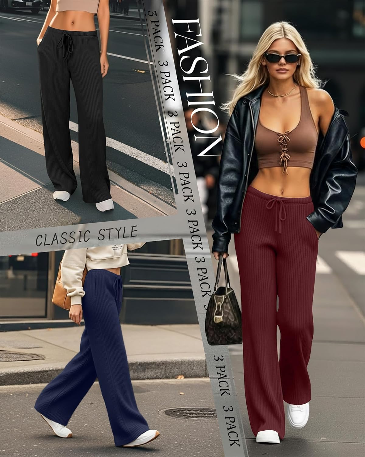 3 Pack Women's Ribbed Knit Lounge Pants Comfy Wide Leg Slacks with Pockets Loose Yoga Sweatpants Casual Joggers - Image 2