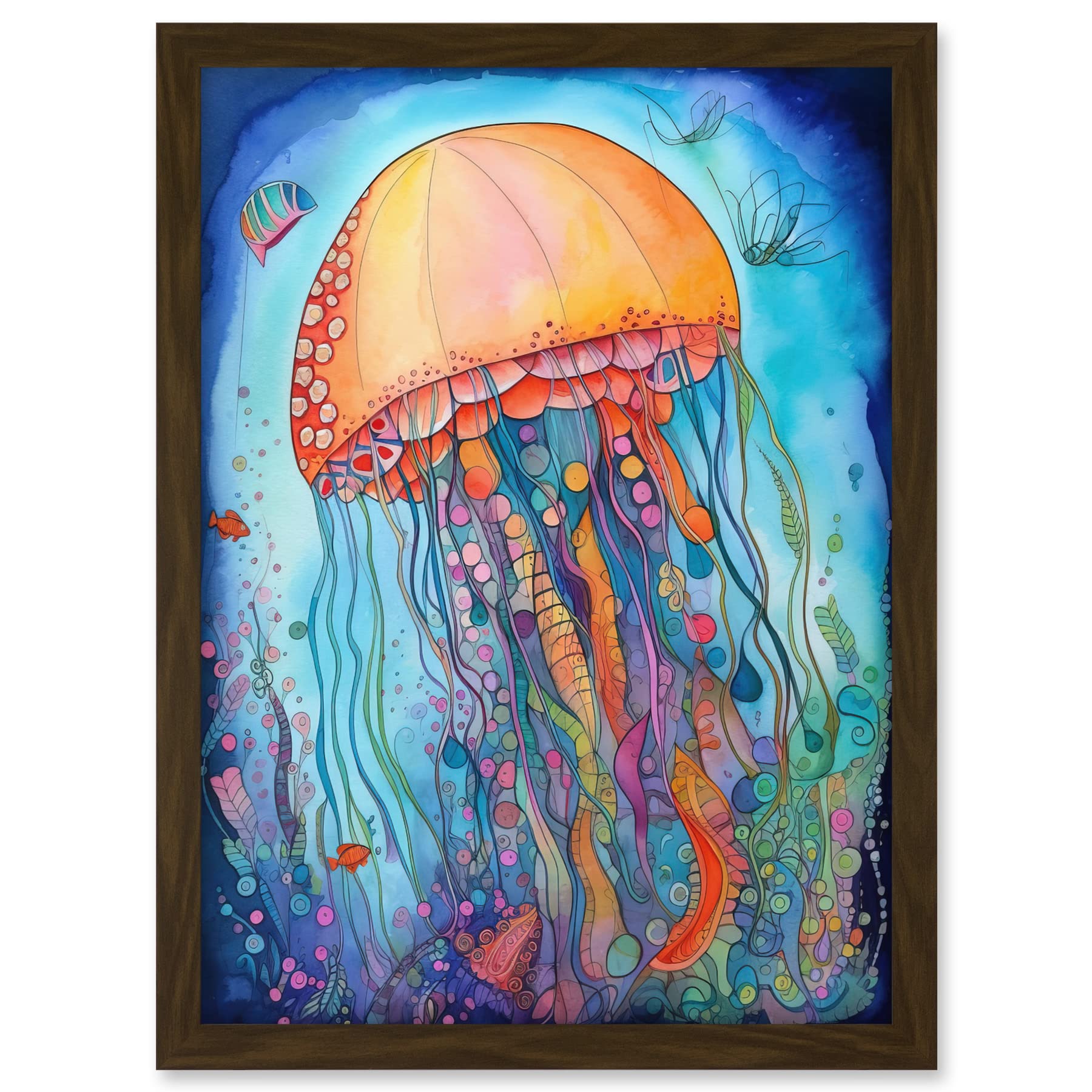 Artery8 Jellyfish With Aquatic Plants Folk Art Watercolour Painting Artwork Framed A3 Wall Art Print