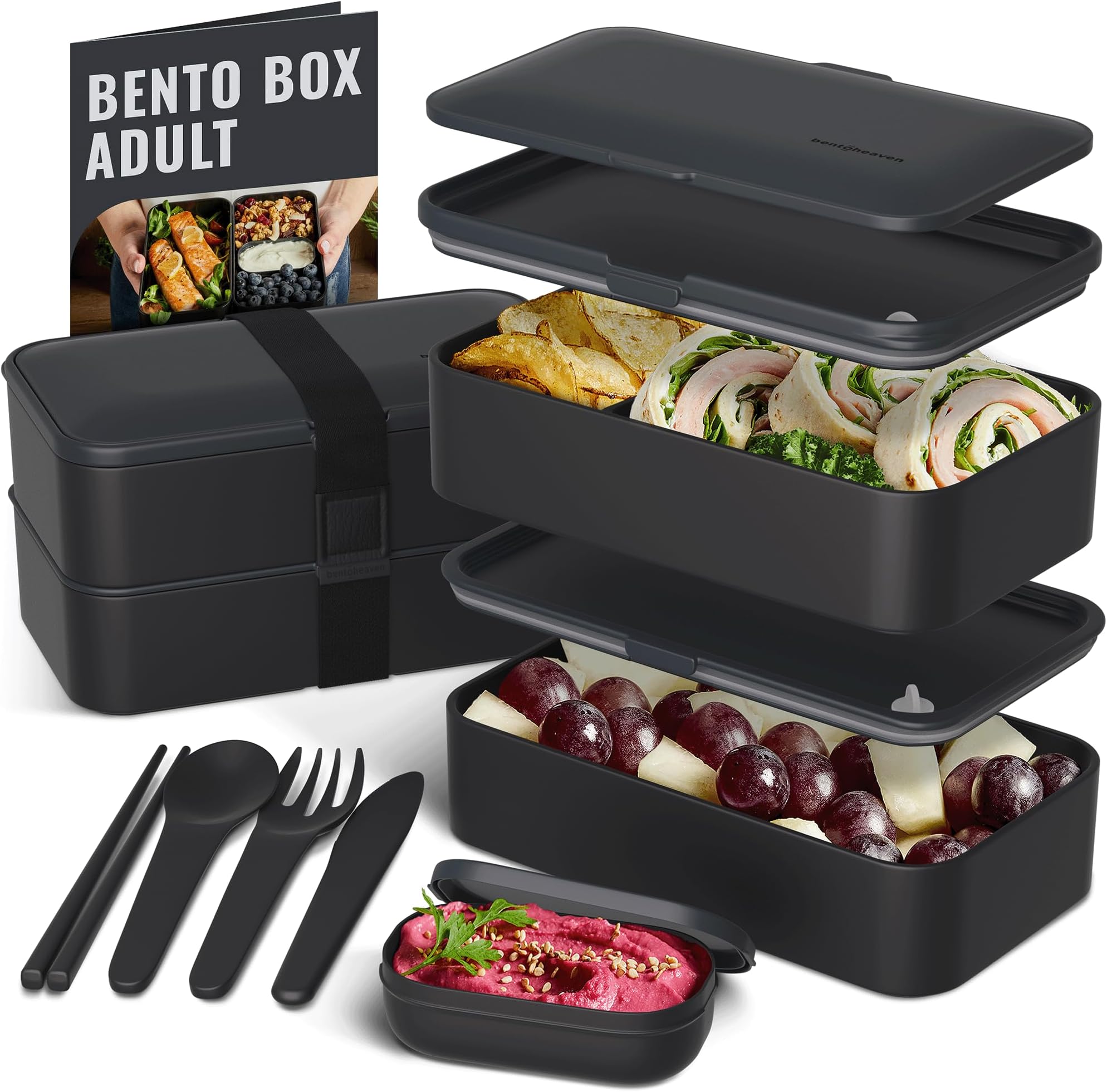 Premium Bento Box Adult Lunch Box with Compartments for Women & Men, Set of Utensil & Chopsticks & Dip Container, Cute Japanese Kids Bento Lunch Box, Microwavable (Outer Space)