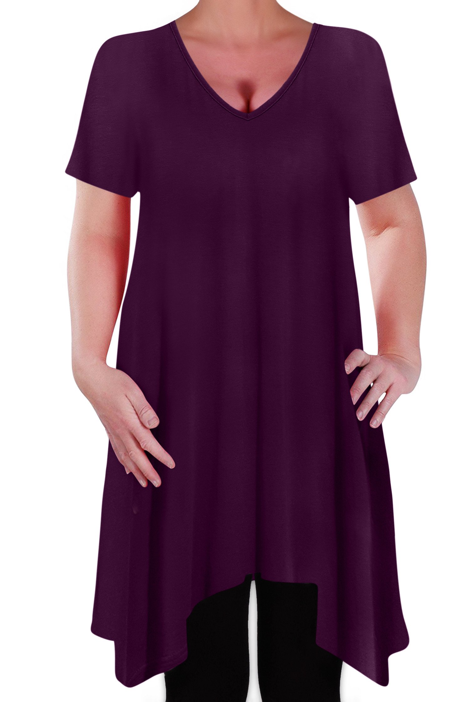Eye Catch Women's Aubergine - Olivia Casual V Neck Long Tunic Uneven Hem Plus Size Flared Top Size 18