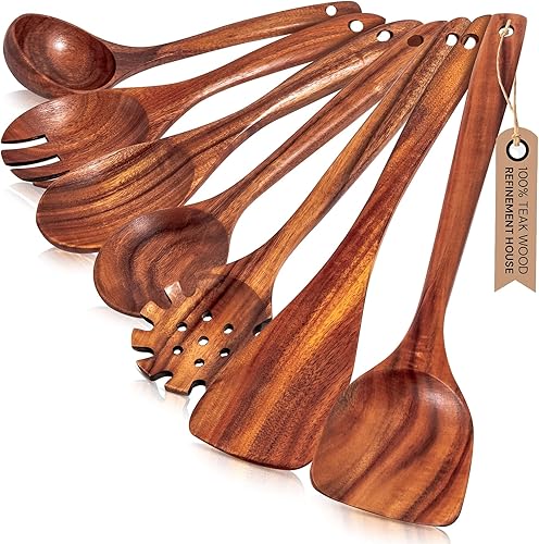 Juego de utensilios de madera de teca premium, 7 cucharas y espátulas de cocina hechas a mano, antiadherentes, duraderos, resistentes al calor para