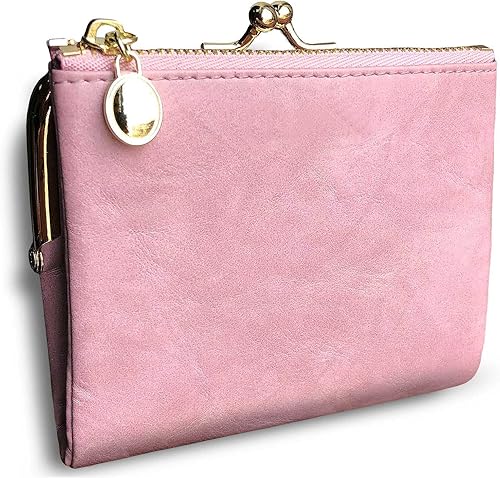 Miniatura 3 de Cartera para mujer, pequeña, plegable, Rfid, mini, vintage, con cierre de cremallera y cierre de beso, Rosado, Pequeña, Vintage