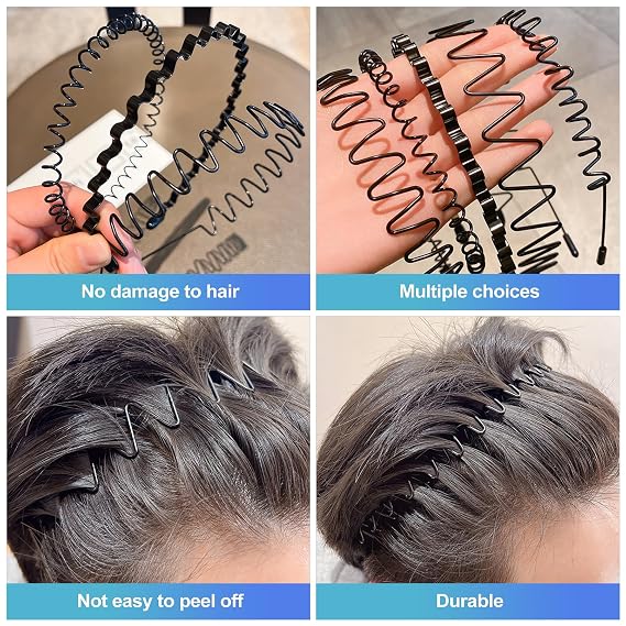 CoguZed 6-Pack Unisex Metal Headbands, Adjustable Elastic Wavy Hairband, Black