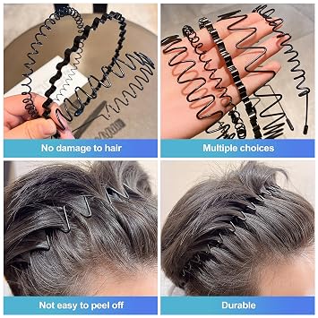 CoguZed 6-Pack Unisex Metal Headbands, Adjustable Elastic Wavy Hairband, Black