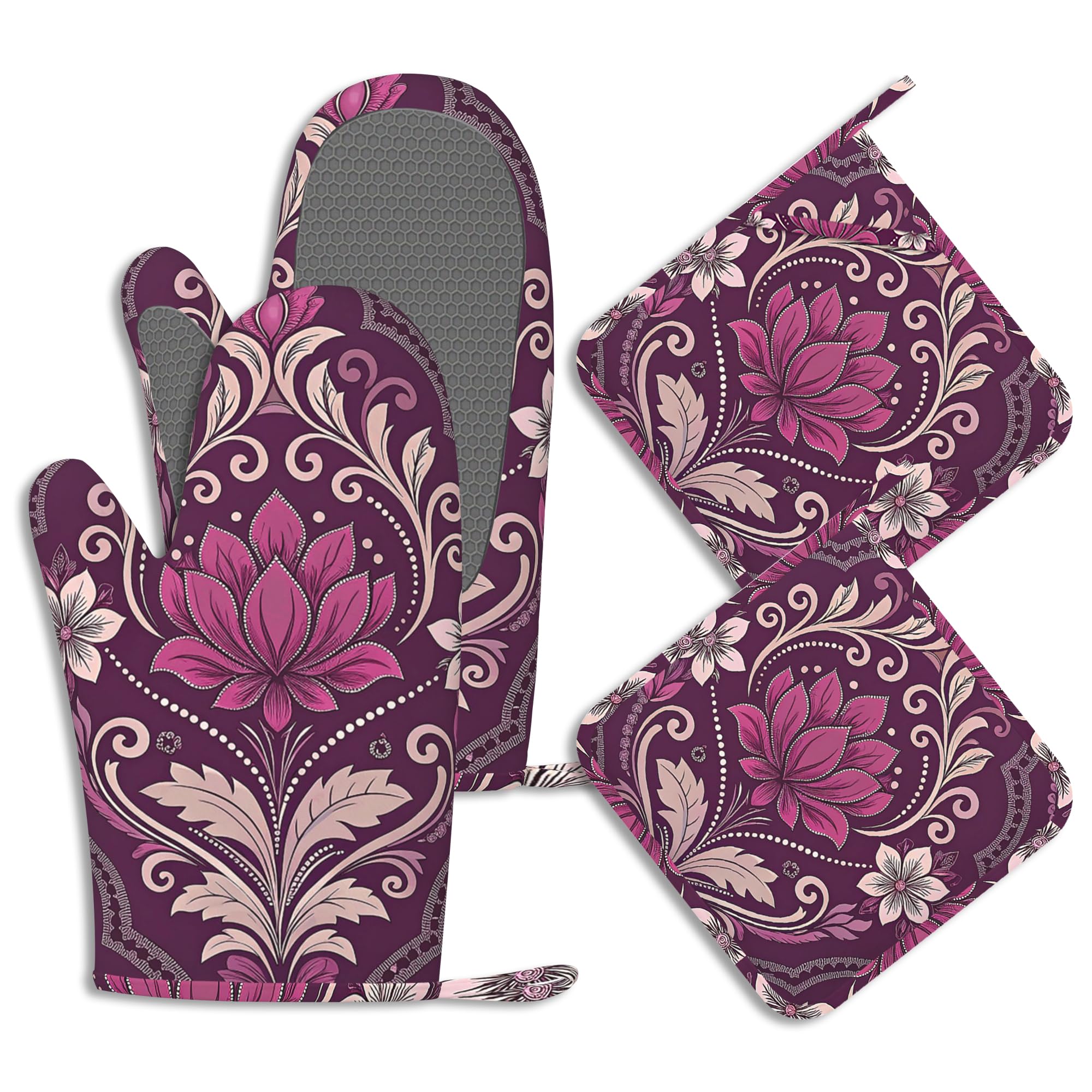 Ofenhandschuhe und Topflappen im Vintage-Stil, Paisleymuster, 4er-Set, violette Blume, hitzebeständige Silikon-Ofenhandschuhe, rutschfeste Küchenhandschuhe, Topflappen zum Kochen, Backen, Grillen