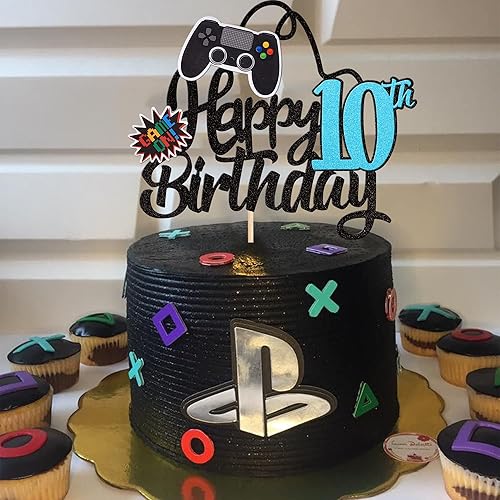 Miniatura 5 de 1 pieza de decoración de pastel de 10 cumpleaños con purpurina para videojuegos, juego de selección de pasteles en controladores, decoración de