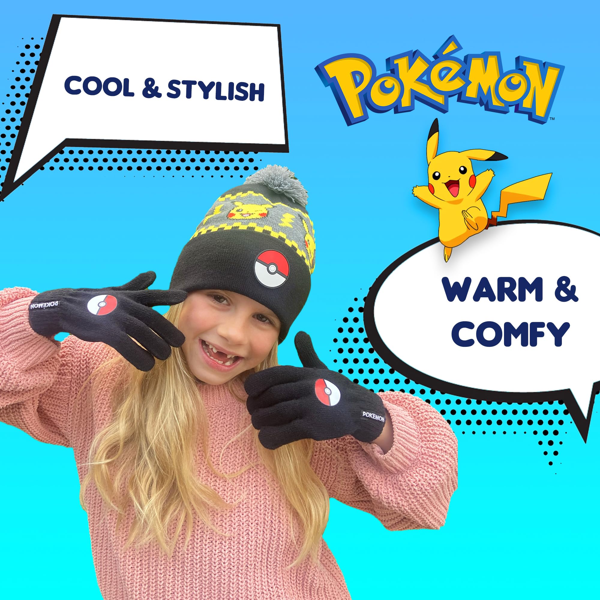 Pokemon - Winter Warm & Comfy Beanie Hat & Gloves Set for Boys - Pikachu Design - Perfect for Boys 6-12 Years