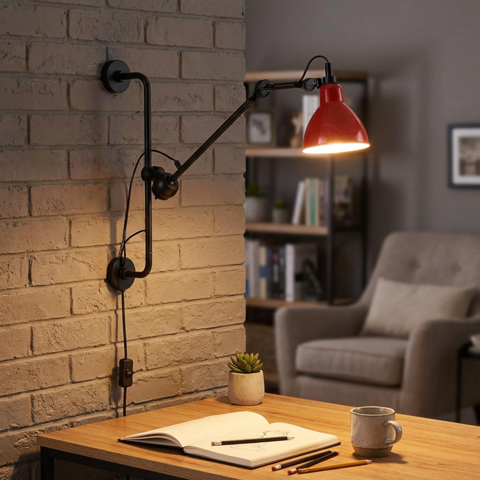 BARCRLONA LED Aplique de pared articulado industrial RUBY 210 con enchufe E27, lámpara de pared orientable 360°, brazo ajustable estilo loft para dormitorio, estudio, oficina, salón o restaurante