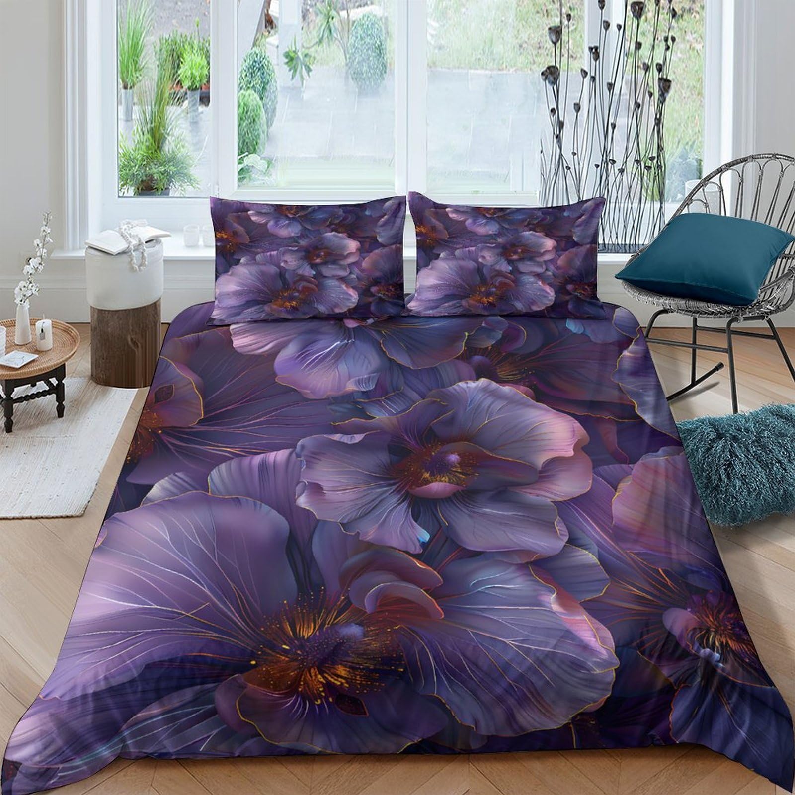 Ctjqhvkz Style-9 3D Printed Purple Floral Fitted Sheet Microfiber Soft Art Orchid Mattress Cover Bedroom Dorm Decor Easy Care Single（135X200cm）