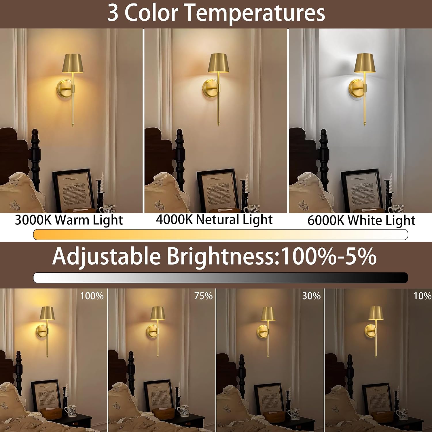 Hillsboro Battery Operated Wall Sconce Set of 2, Cordless 5000mAh Gold Rechargeable LED Wall Lights, Remote Control 15 Colors Dimmable Wall lamp for Bedroom Living Room
