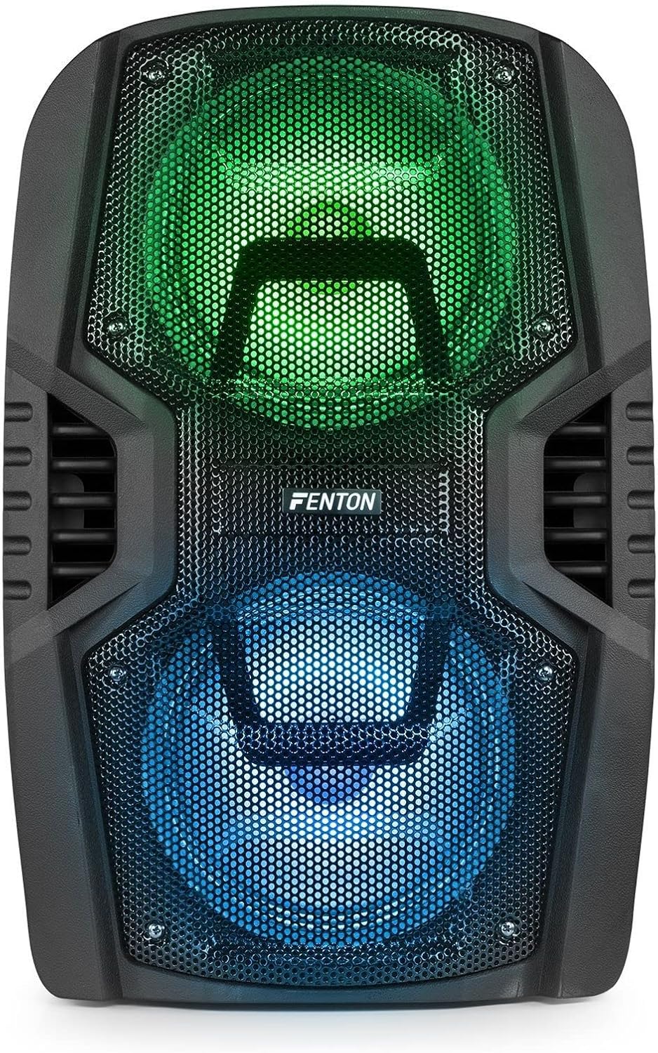 Фронт view of the Fenton FT210LED Party Speaker with green and blue LED lights illuminated.