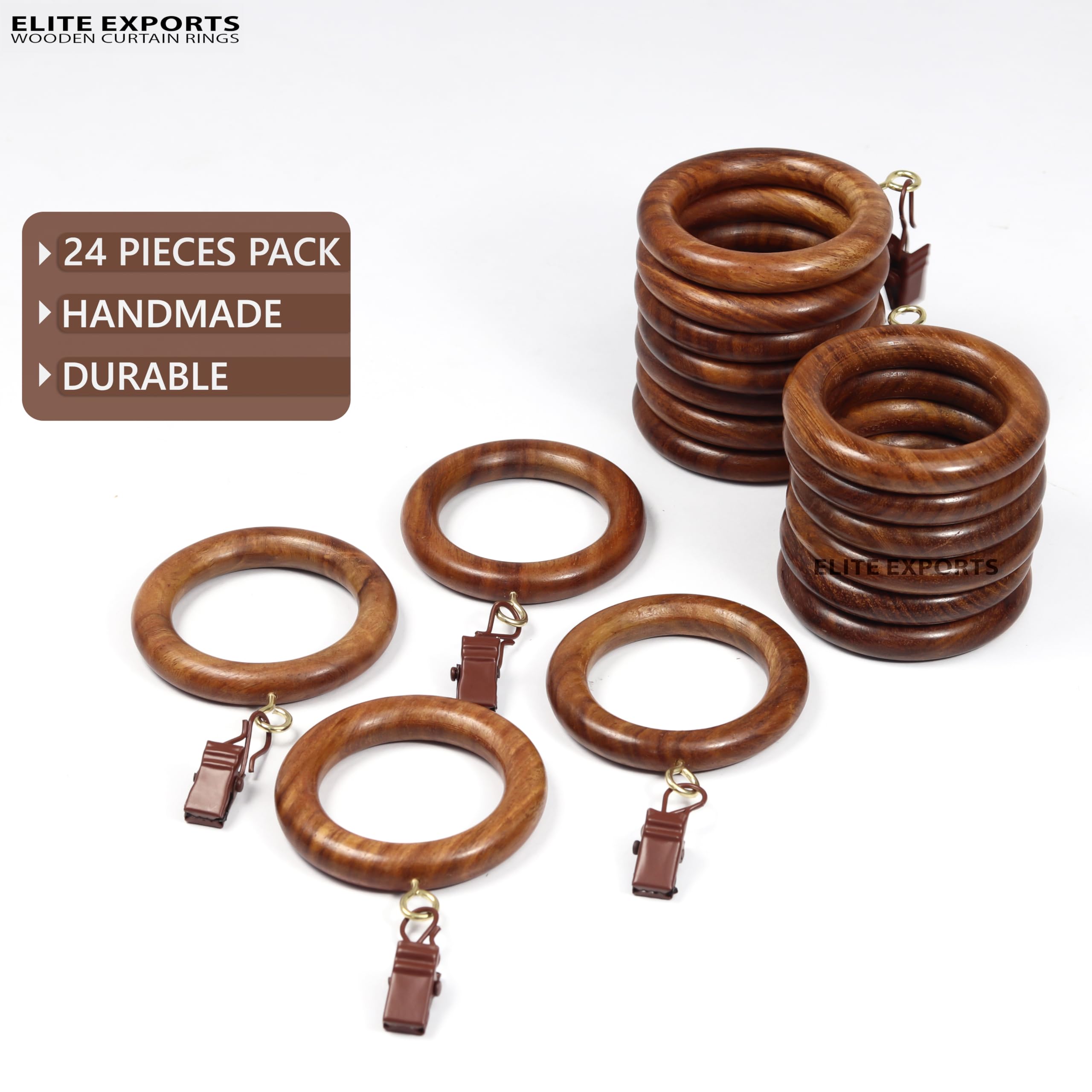 Anillos de cortina de madera con clips, paquete de 24 unidades, 6,3 cm, se adapta a barras de 2,53,8 cm, diseño de ojales para cortinas de ventana, duradero y elegante, perfecto para decoración del