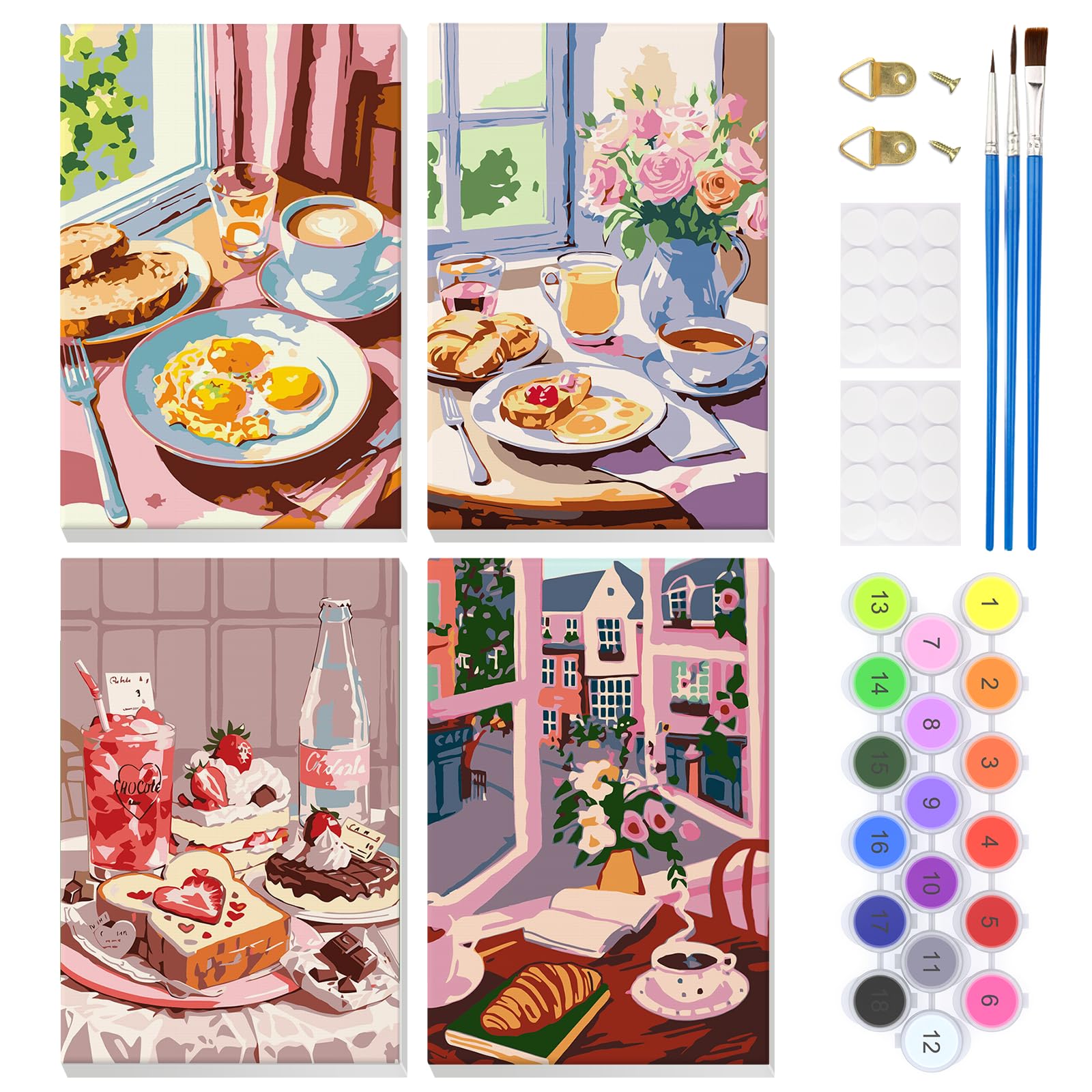 EOBROMD 4 Pack Coffee Paint by Numbers for Adults Beginner with Frame, Breakfast Paint by Numbers Kits, Bread Acrylic Easy Painting by Numbers for Gift Home Wall Decor 8x12in