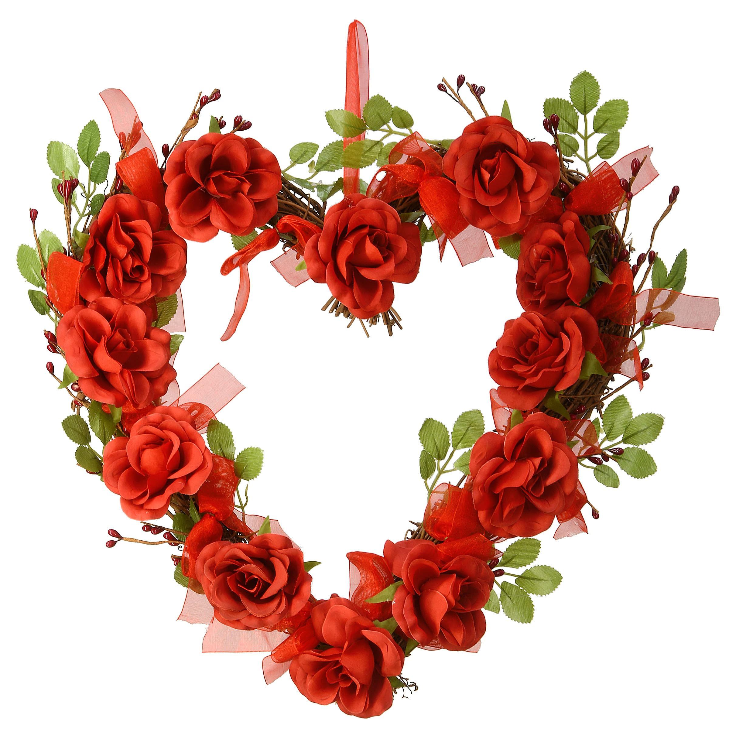 National Tree 16 Inch Valentine Heart Wood Wreath with Red Roses and Bows (RAV-15531AX16)