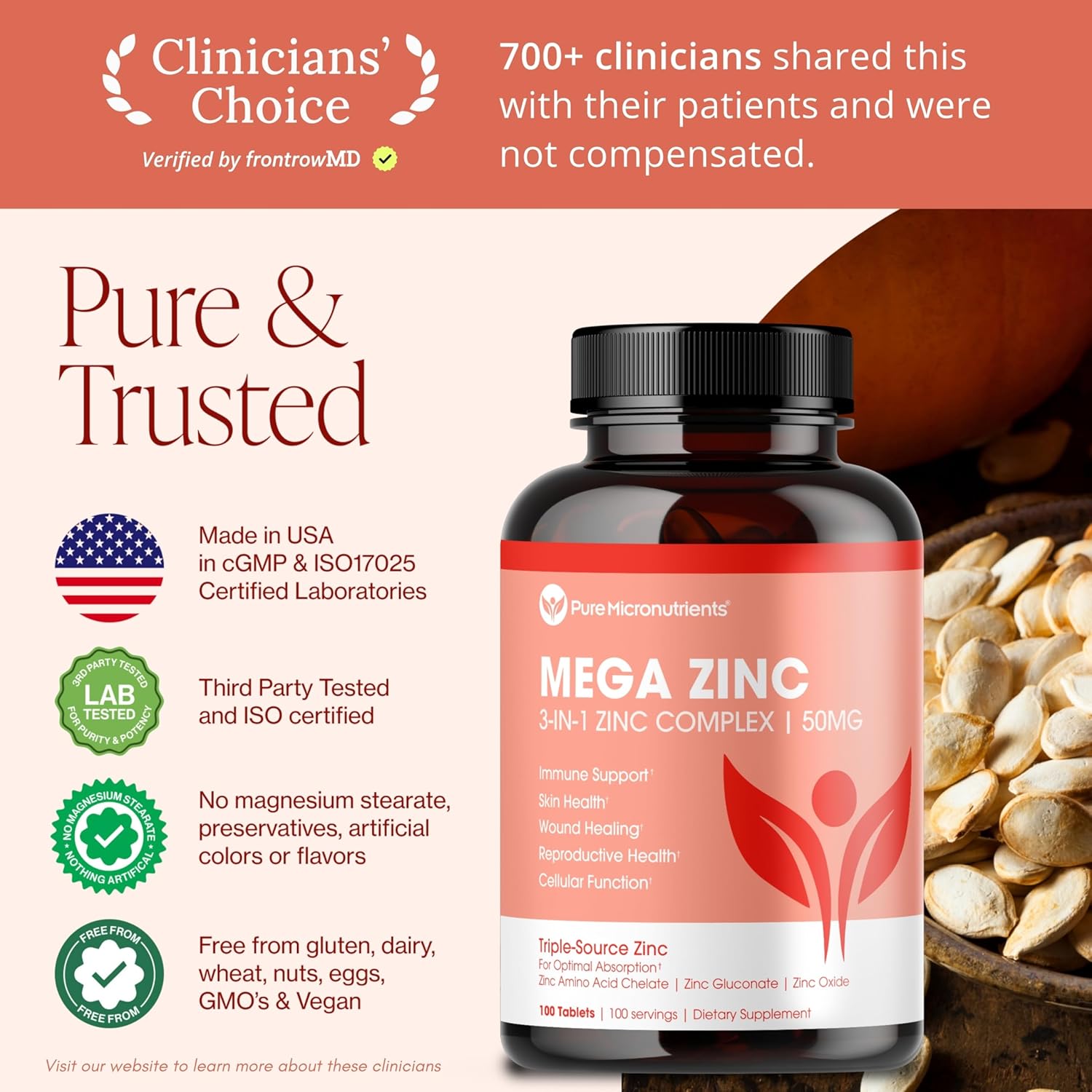 Mega Zinc Supplement, 50mg, 3-in-1 Zinc Complex, 100 Tablets - Pure Micronutrients