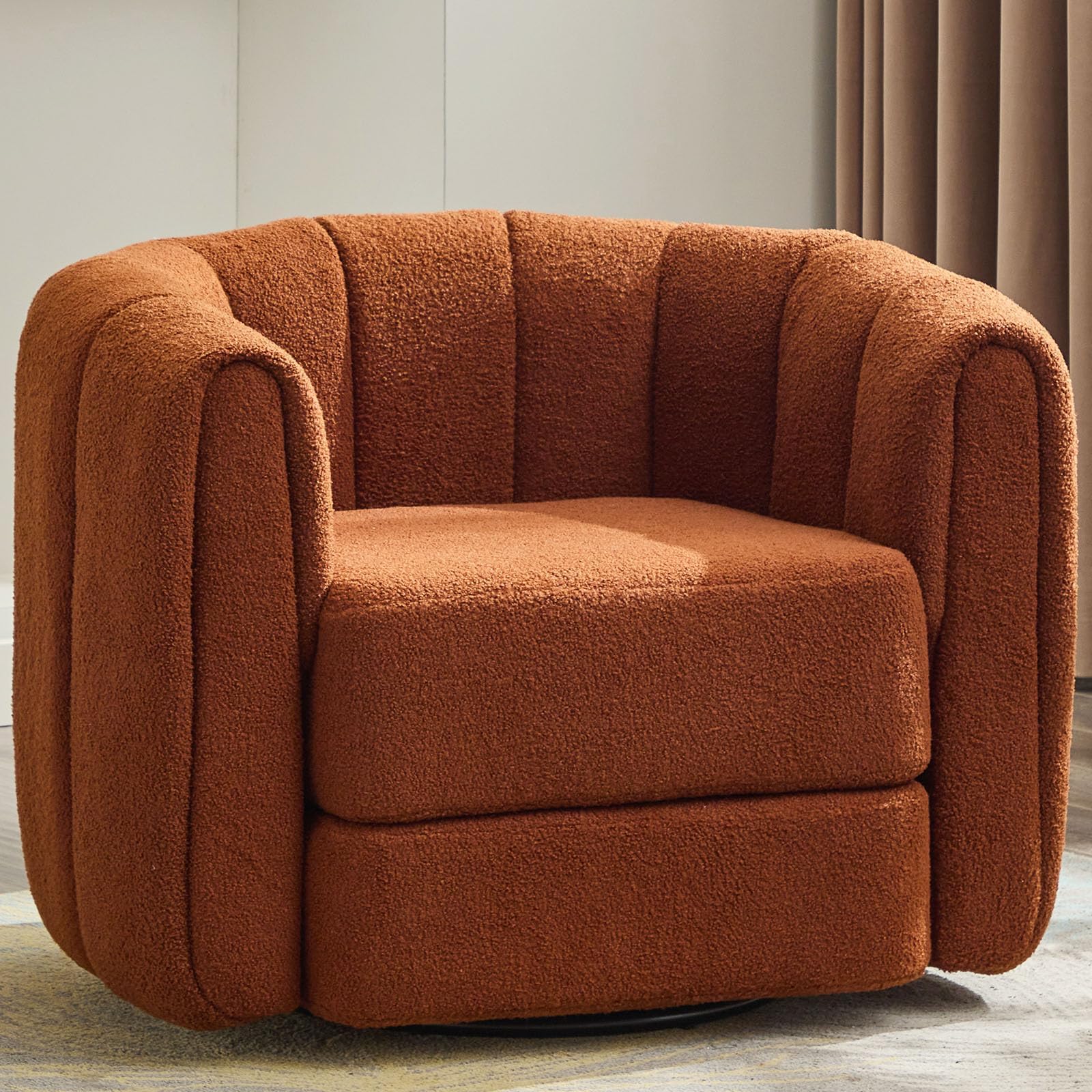 ODUWA Swivel Barrel Chair,Modern Round Teddy Arm Chair with Curved Backrest,Upholstered Comfy 360 Degree Swivel Accent Circle Club Chair for Nursery Living Room Bedroom, Set of 1, Brown