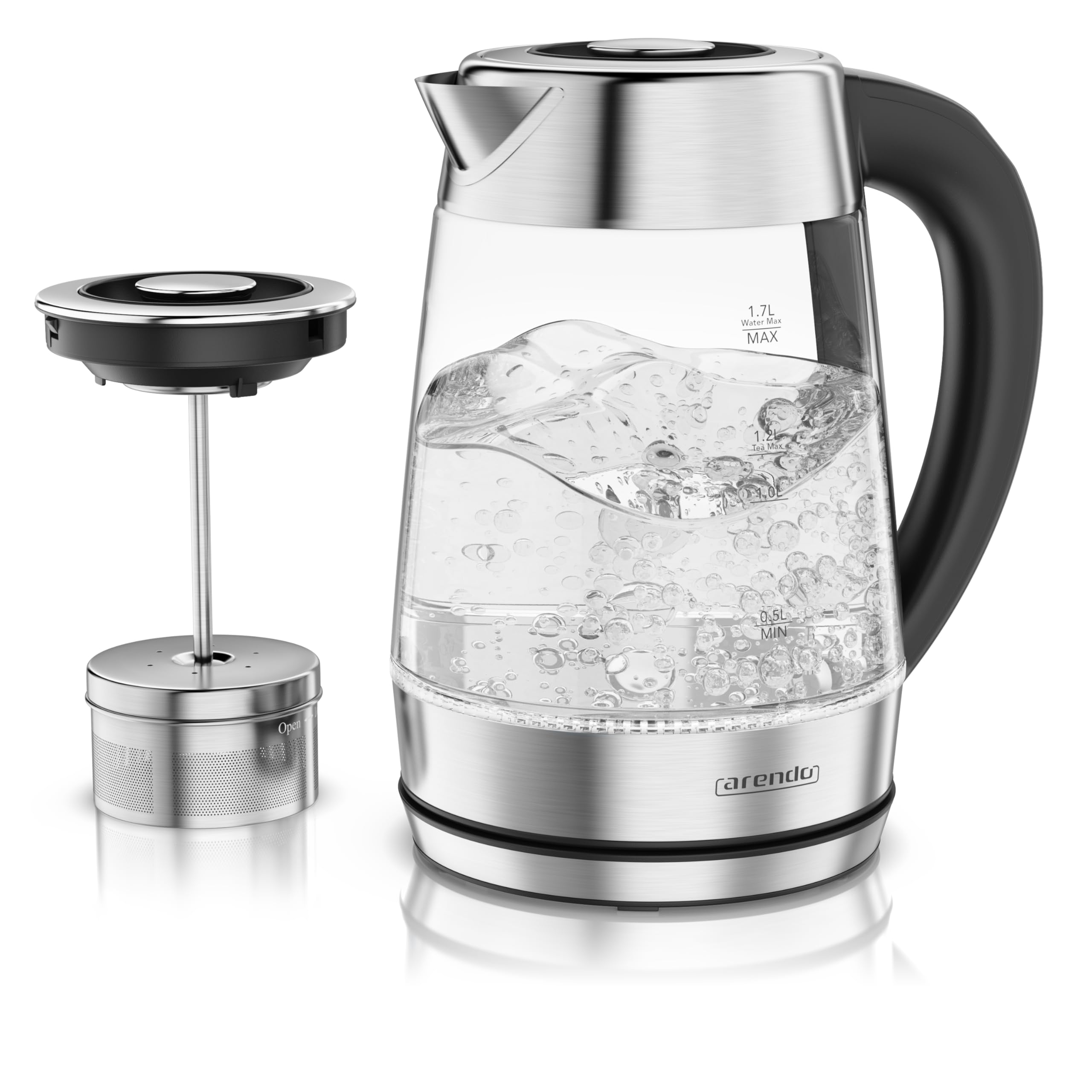 Arendo - 2in1 Glas Wasserkocher mit Temperatureinstellung und Teesieb Teekocher - Einstellbare Temperaturen 40, 70, 80, 90, 100 Grad - 1,7 Liter - Abschaltautomatik - Warmhaltefunktion - 2 Deckel