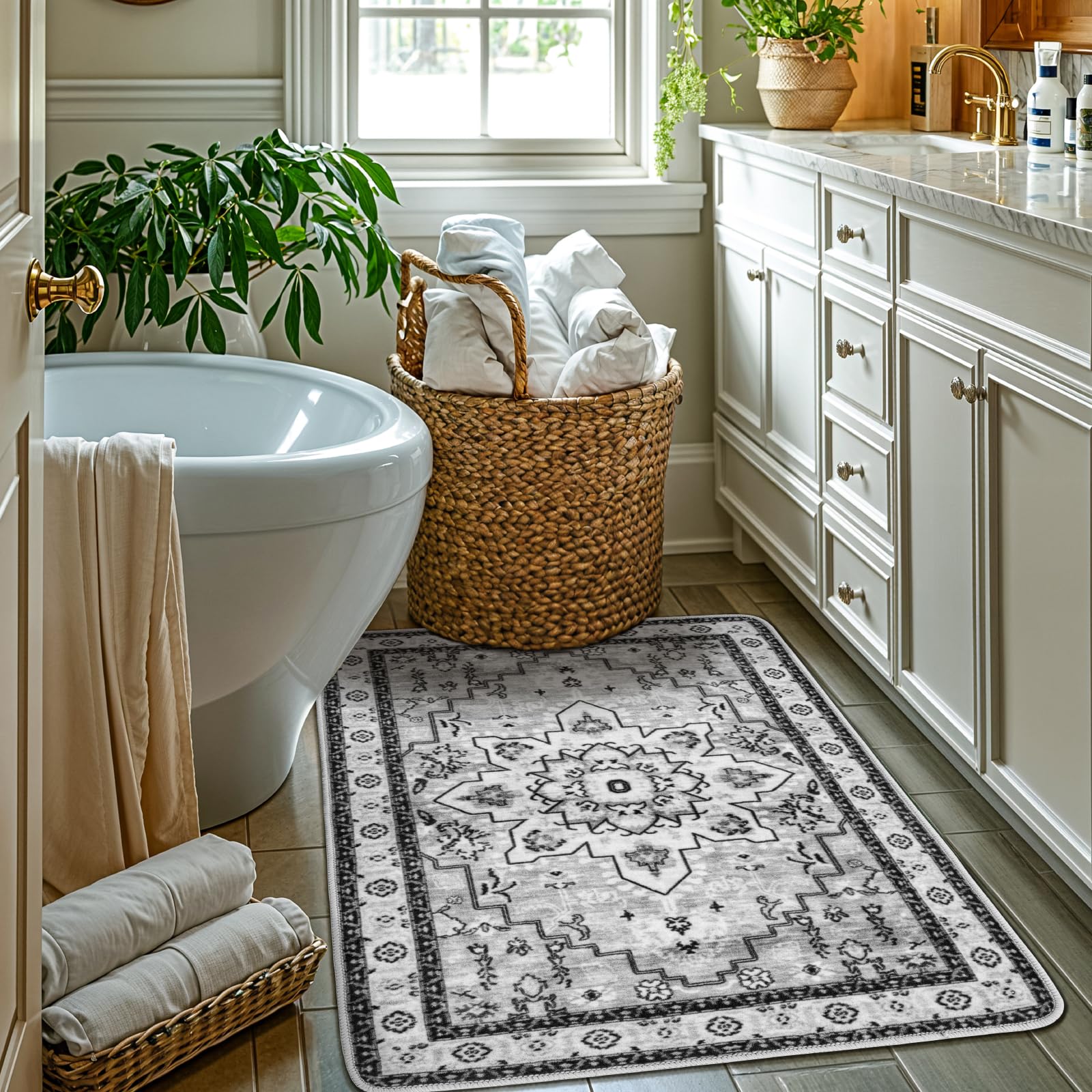 LBRO2M Rug for Entryway Indoor 2X3 Washable Rug Boho Design Door Carpet Throw Rugs for Kitchen Bathroom Non Slip Pet Friendly Area Rugs (2X3, Gray)