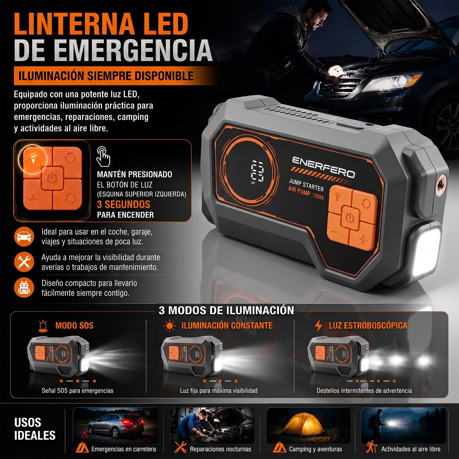 27000 mAh Arrancador Baterias Coche con Compresor Aire 150PSI