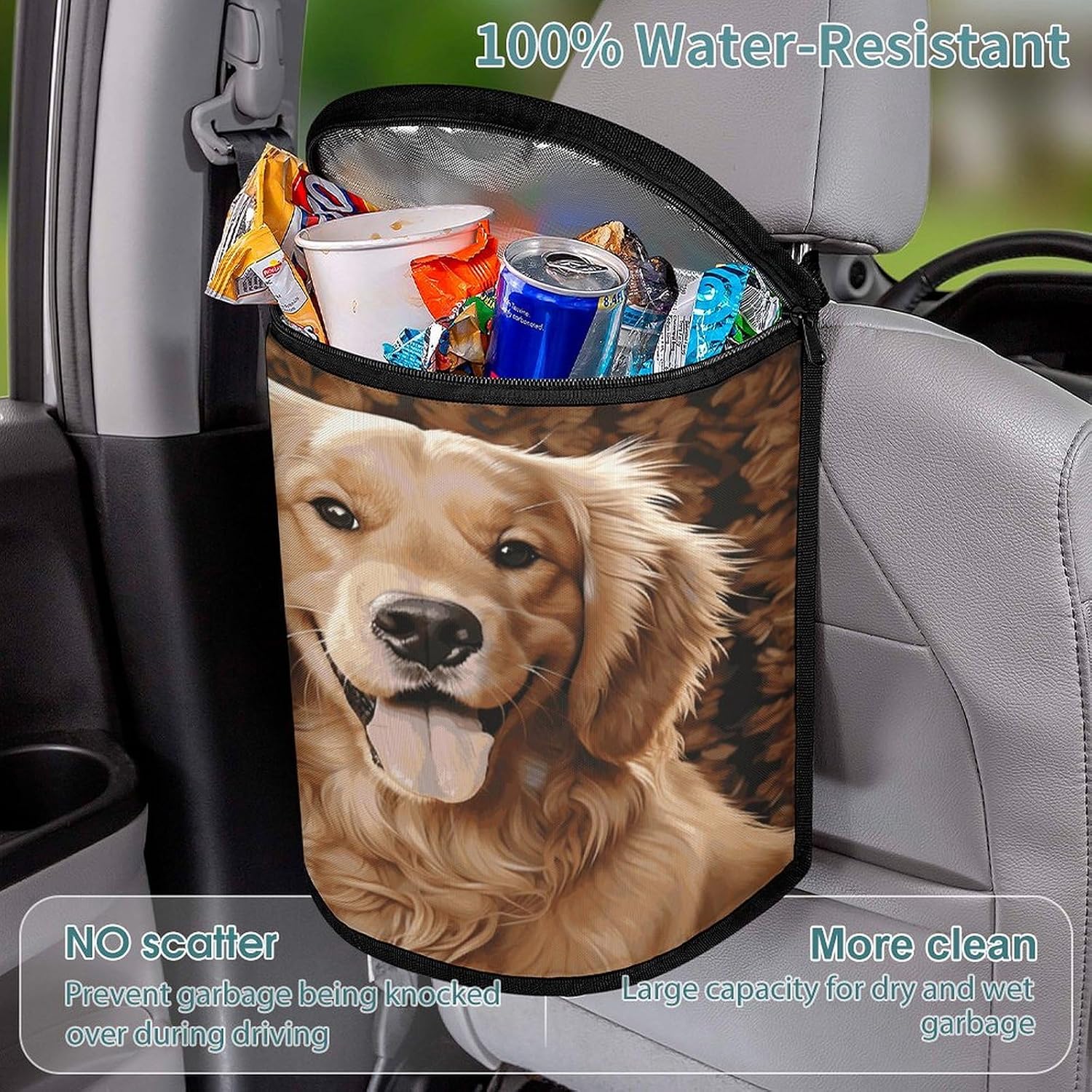 Car Garbage Storage Bag Cute Golden Retriever Printed Hanging Vehicle Trash Bin Car Trash Can with Zipper Lid Portable Garbage Storage Bags for Truck Van and SUV