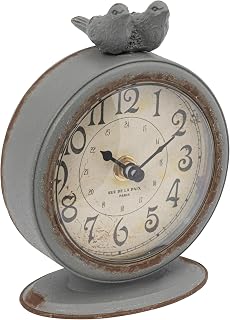 Creative Co-Op Grey Pewter Mantel Clock with Birds - Vintage Whimsical Farmhouse Decor, 6" Tall Quartz Timepiece