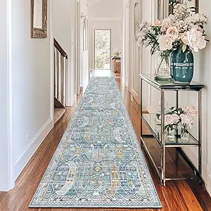 Madane Hallway Runner Rug 2x12, Extra Long Washable Runner Rugs with Rubber Backing, Non Slip Carpet Runner for Hallway, Vintage Rug Runners for Kitchen Laundry Room Entryway (Blue/Gold, 2'x12')