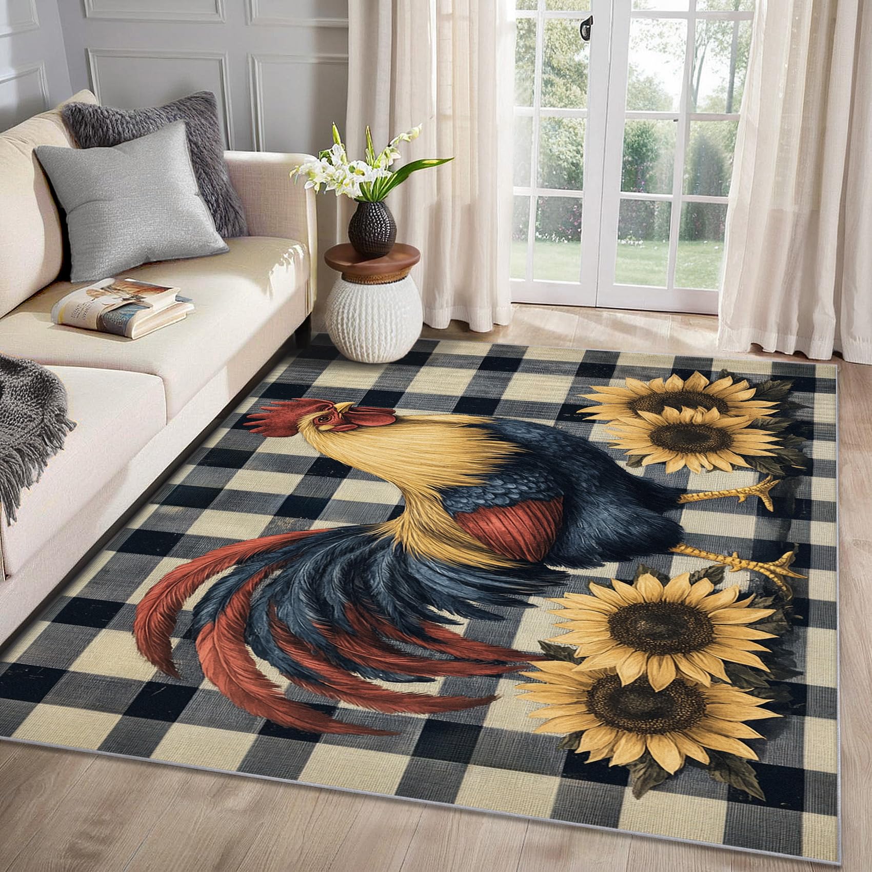MMYAOKEN Chicken Rugs for Kitchen - 4x5 Area Rug - Washable Non Slip Low Pile - Rooster Buffalo Plaid Home Decor - Sunflower Farmhouse Animal Rugs for