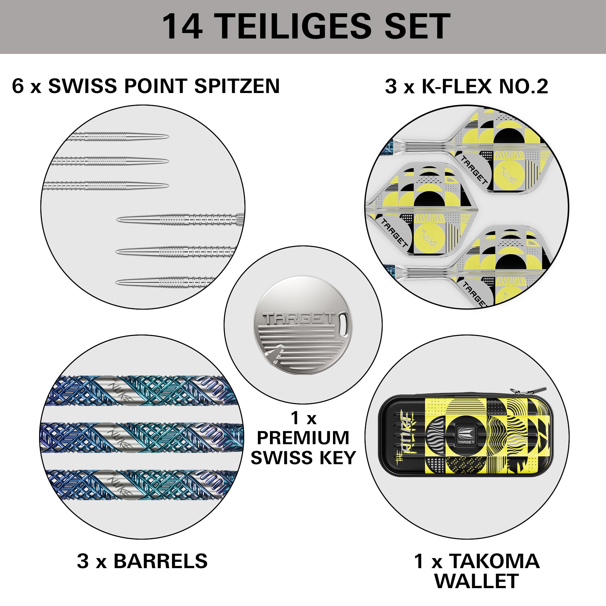Target Darts Luke Littler Edge Steel Tip Swiss Point Dart Set, 22G/23G/24G | 95% Wolfram-Darts, The Nuke“ Player Edition mit Takoma-Etui, zusätzlichen Fire Points und Nr. 2 K-Flex-Flügeln
