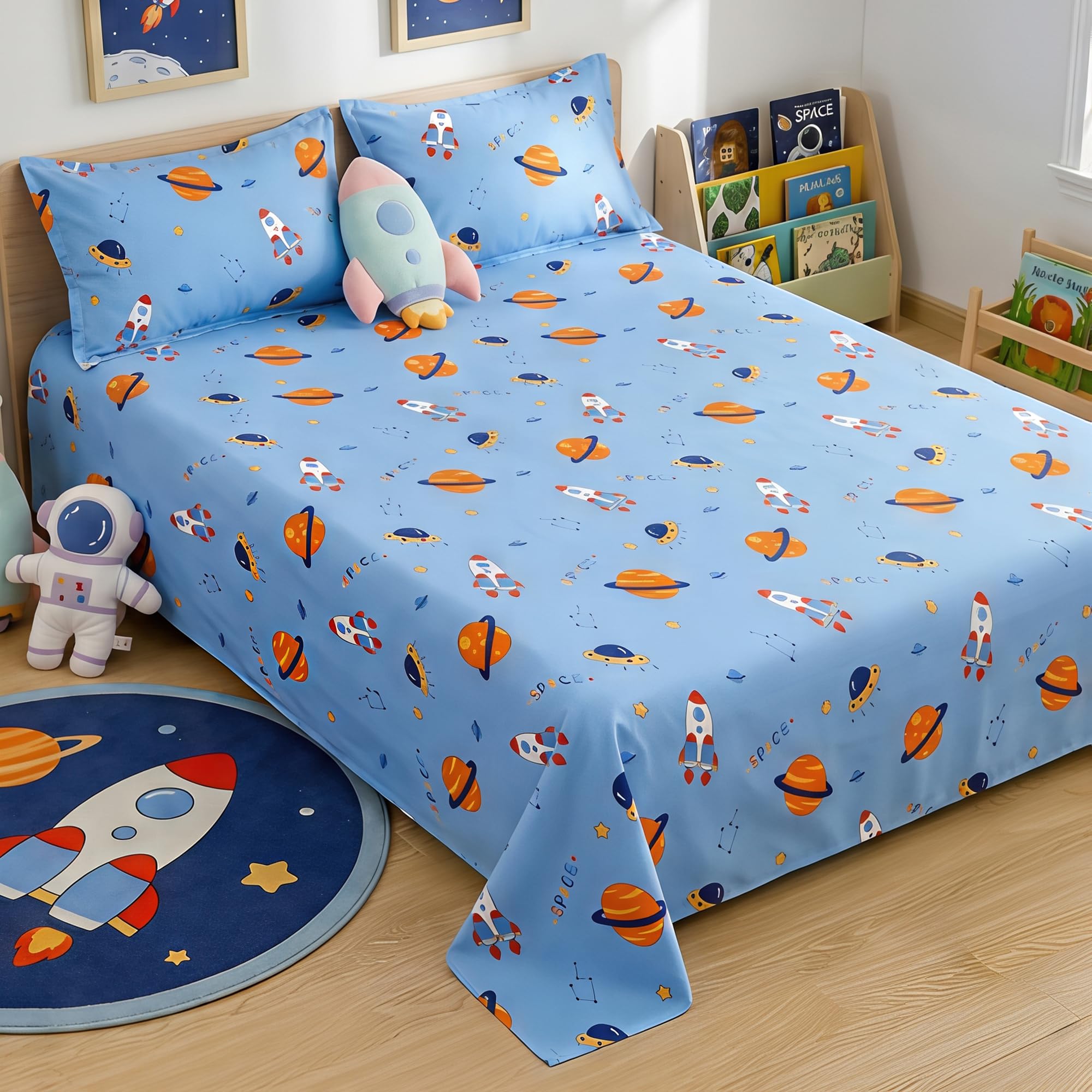 Story@Home Space Theme Kids Double Bedsheet 225x250 cm with 2 Pillow Covers | Cotton Feel 180 TC Soft Fabric | Space Blue Astronaut & Galaxy Design | Breathable & Skin Friendly-image-8