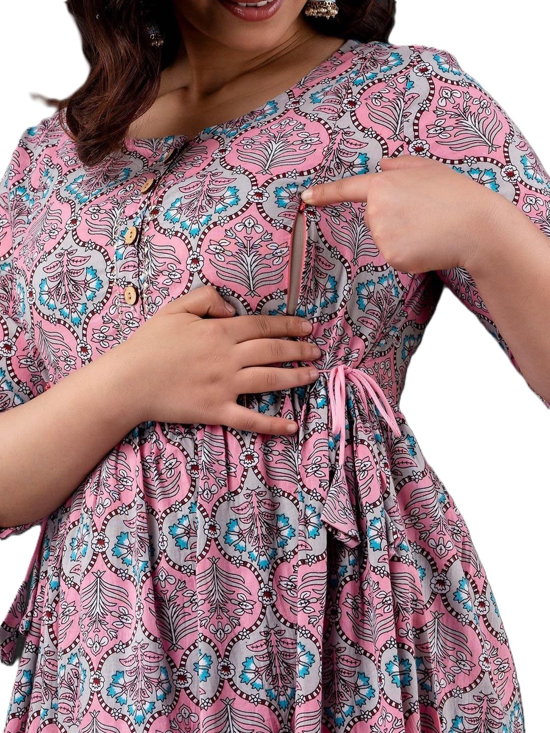 Rishabh Creation Women's Cotton Floral Printed Maternity Dress Kurti with Feeding Zipper Maternity Gown for Women Feeding Dress