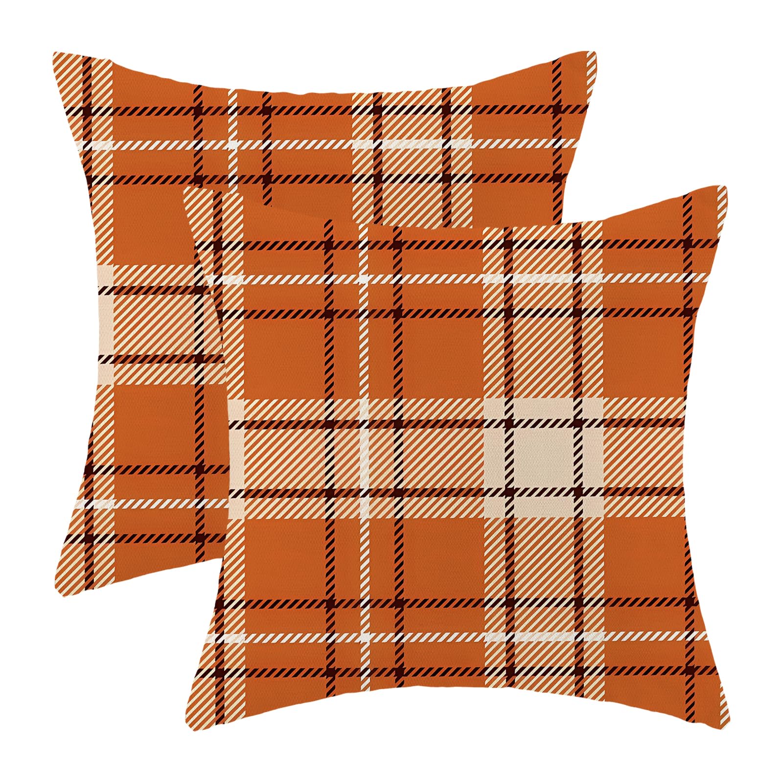 Checkered Fall Pillow Covers 20x20 Inch Set of 2 Burnt Orange Cream Buffalo Plaid Throw Pillows Case,Autumn Thanksgiving Outdoor Decorative Farmhouse
