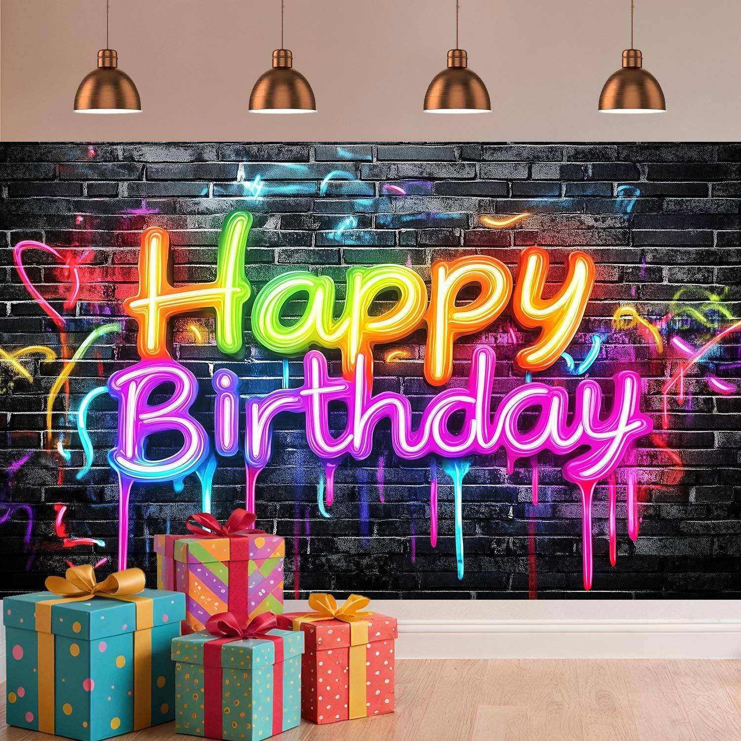 10X8ft Neon Happy Birthday Backdrop Colorful Funny Graffiti Splash Paint Background Slime Happy Birthday Party Modern Cool Photography Backdrops Banner Photo Shoot Decor Prop
