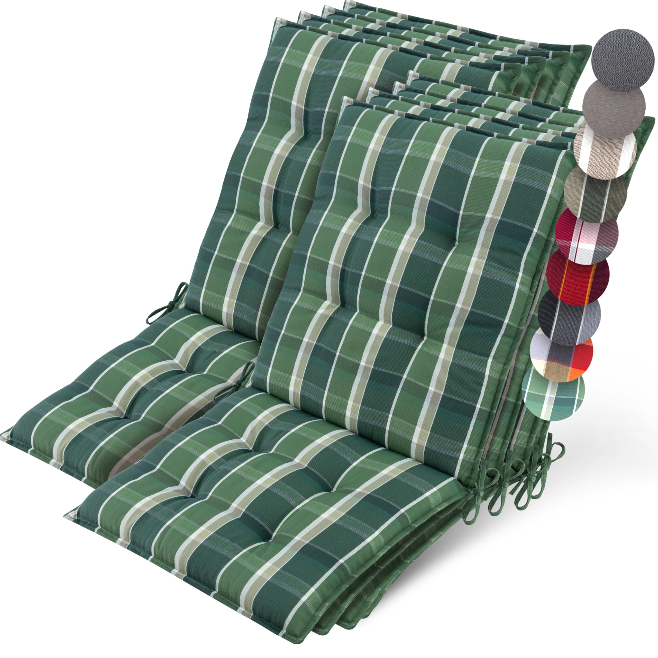 Beautissu Set of 8 Premium Outdoor Chair Cushion Low Back 100x50 cm - UV 8 cm Thick Padding Seat Cushions for Garden Chairs Non-Slip Fastening Straps - Green Quequered - Sun-HL