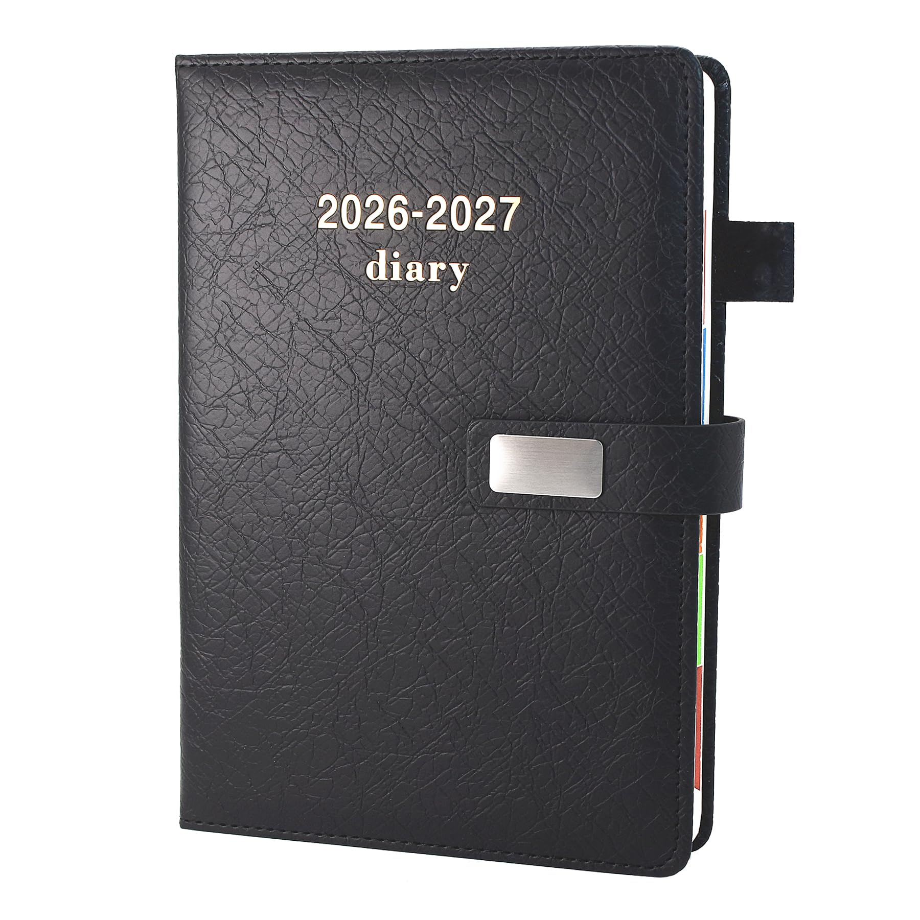 Academic Diary 2026-2027, Faux Leather Diary 2026-2027 A5 Page A Day,Productivity Daily Planner from Jul 2026 to Jun 2027 With Monthly Tabs, and Colorful Side Panels (Black)