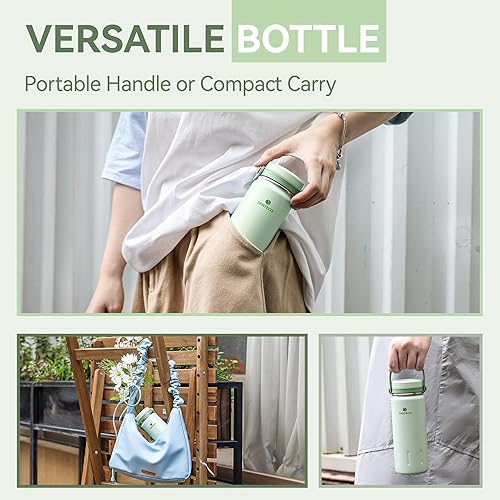 Miniatura 8 de SANTECO Botella de agua de acero inoxidable de 13 onzas con asa, doble pared aislada, botella de agua con personalidad elegante, boca ancha, diseño