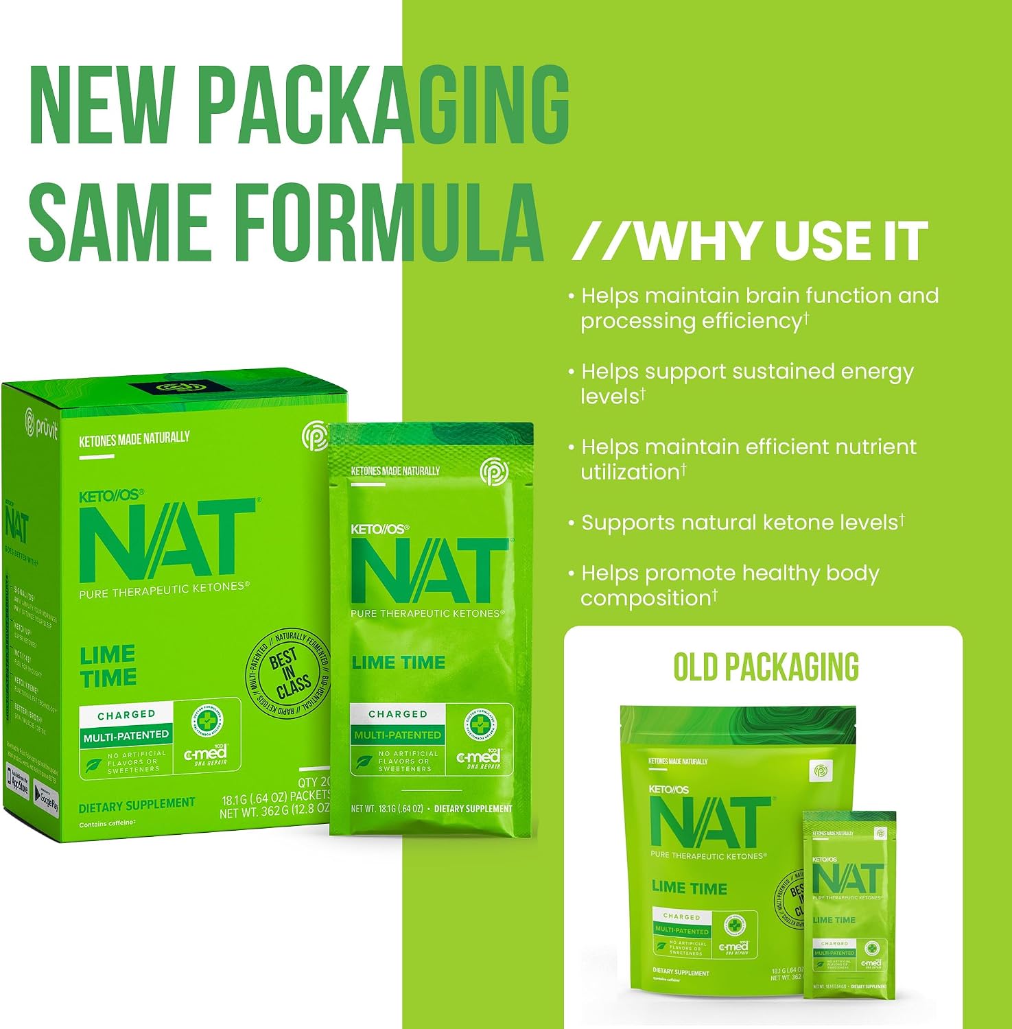 Pruvit - Keto//OS NAT - Lime Time - Charged Pure Therapeutic Ketones with C-Med 100, Multi-Patented Blend, No Artificial Flavors - 20 Sachets