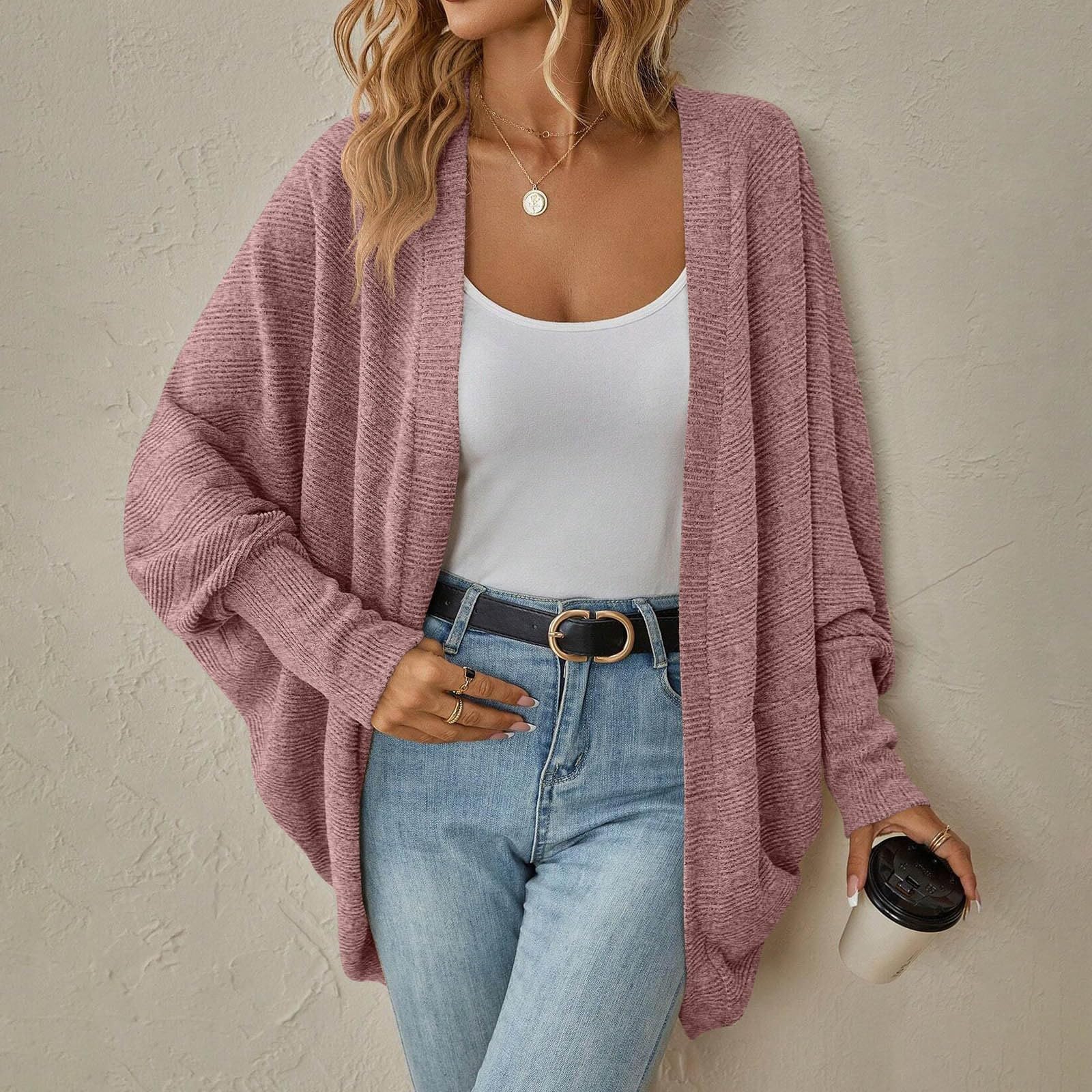 Strickjacke Damen mit Fledermausärmeln für Winter Loser Strickmantel Leichter Cardigan Strickpullover Übergangsjacke lässige Passform für gemütliche Outfits