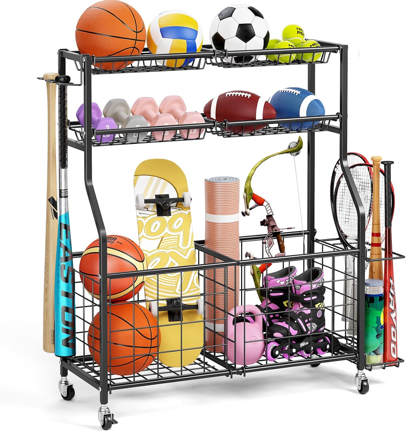 TOOLF Garage Sports Equipment Organizer with Ball Rack & Basket, Heavy Duty Workout Storage Cart for Gym Equipment, Outdoor Toy Organizers, Black