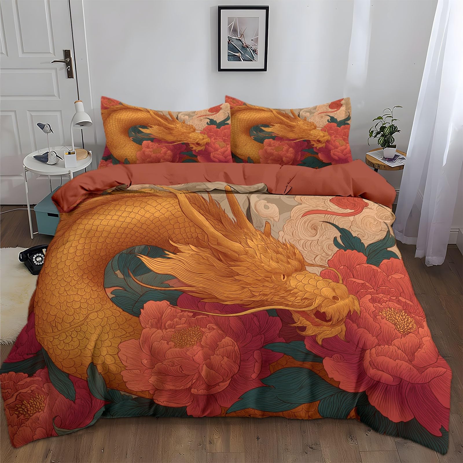 Housse de couette 200x200 parure de lit imprimé pivoine orange