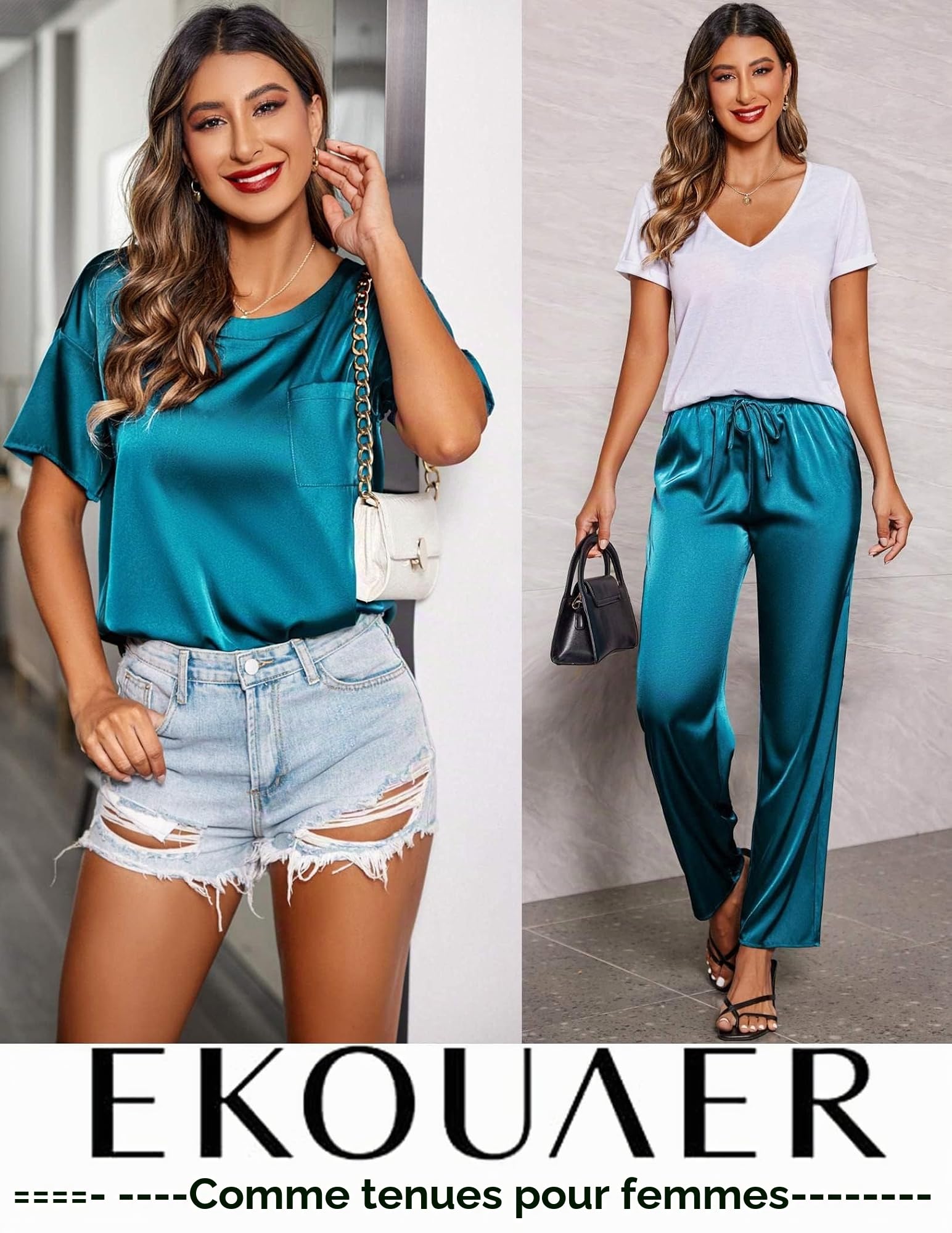 Ekouaer Pyjama Femme Ete Vetement en Satin Pantalon Femme Légère Ensemble Pyjama Manche Courte, S-XXL