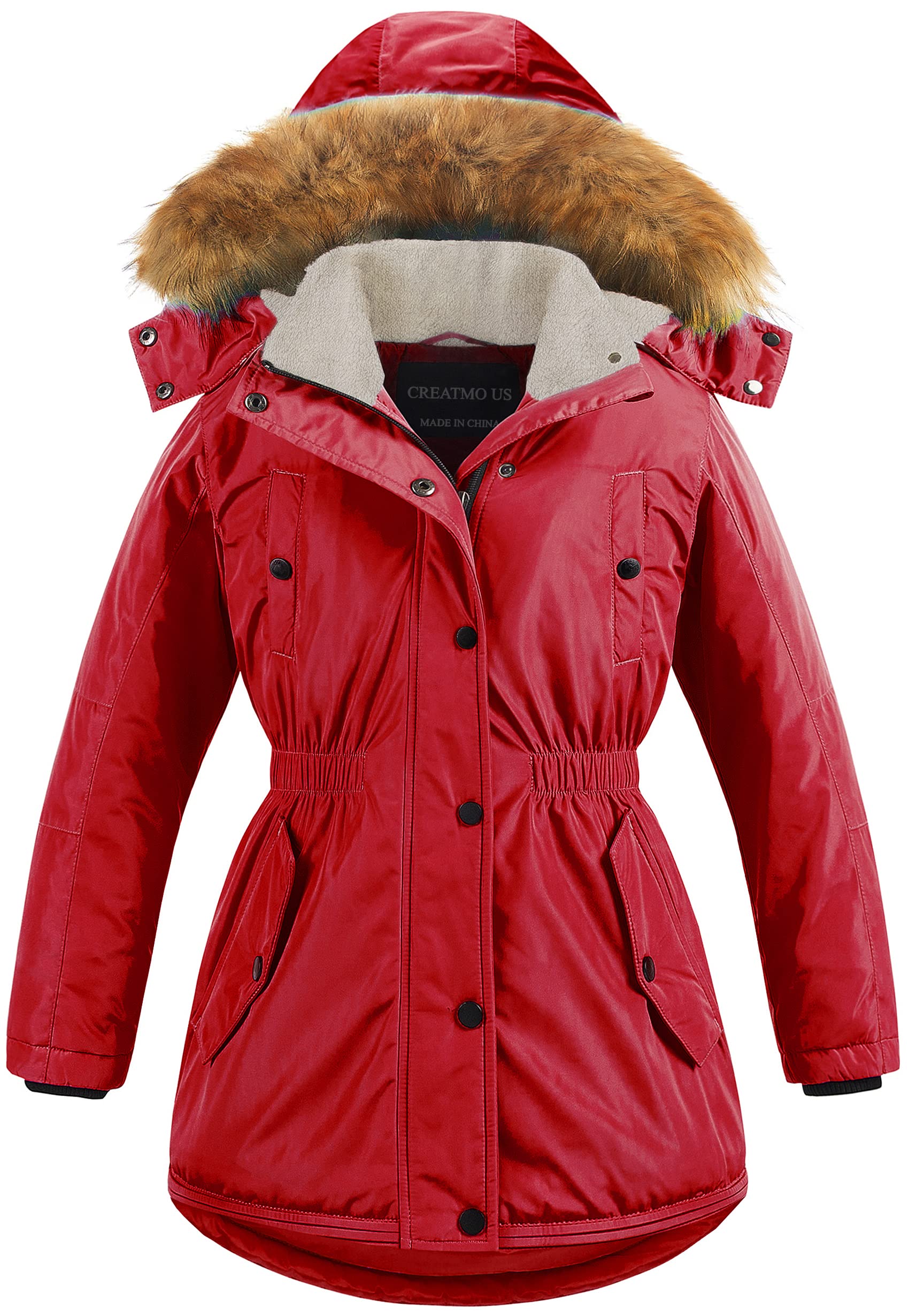 CREATMO US Girl's Long Winter Warm Parka Sherpa Trimmed Collar Puffer Ski Jacket Coat