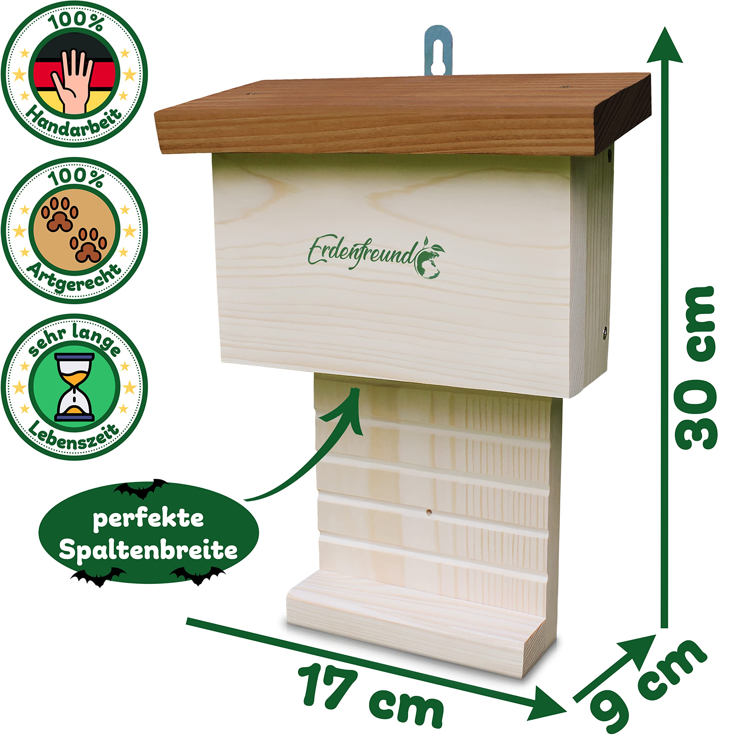 ERDENFREUND® Fledermauskasten handverschraubt 2 cm Massivholz Schlaf-/Nistkasten wetterfest